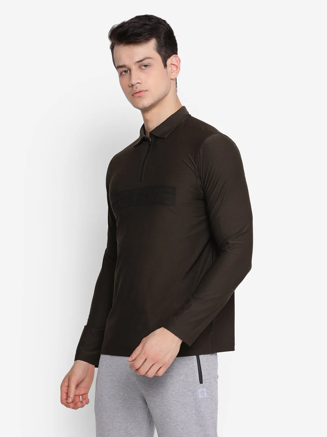 Olive Full Sleeve Polo T-Shirt for Men