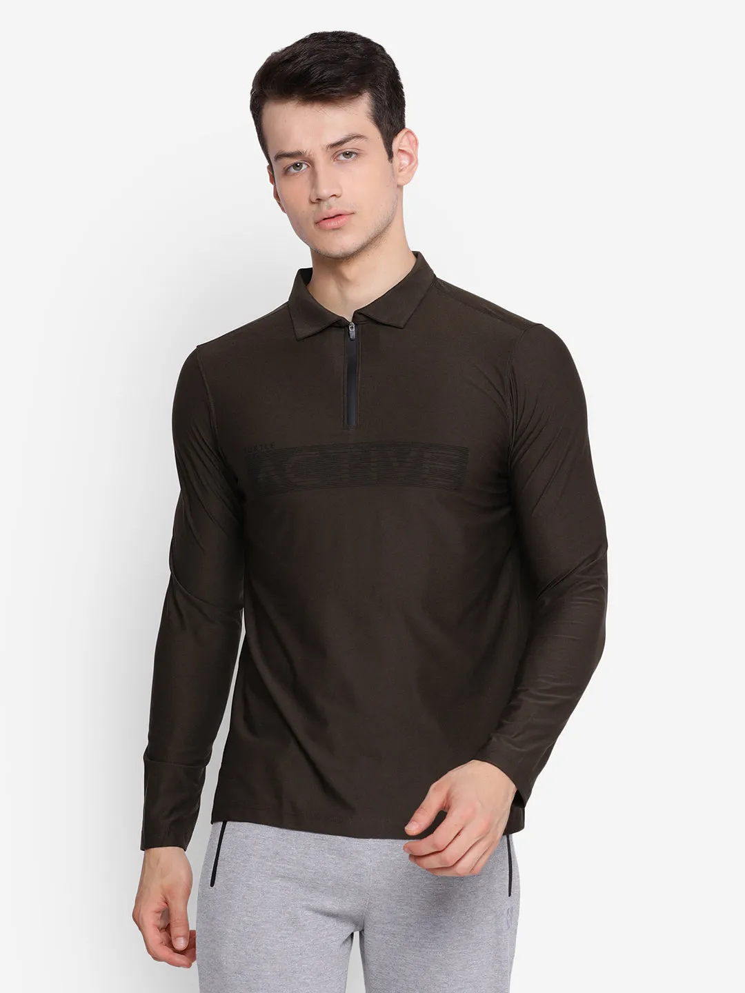 Olive Full Sleeve Polo T-Shirt for Men