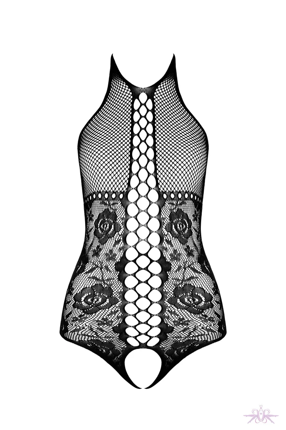 Passion Black Fishnet Floral Open Bodysuit