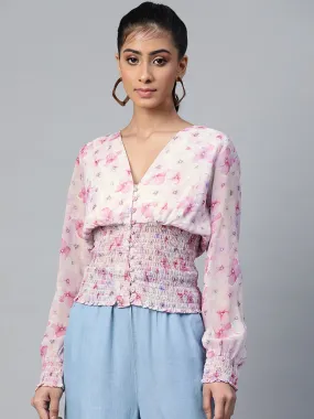 Pink Colour Floral V Neck Smocking Top