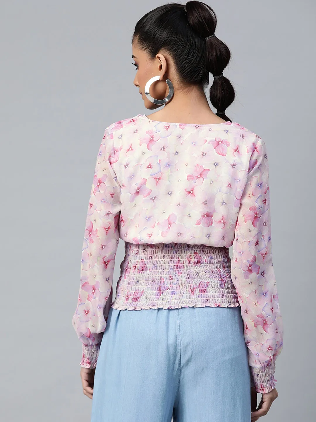 Pink Colour Floral V Neck Smocking Top