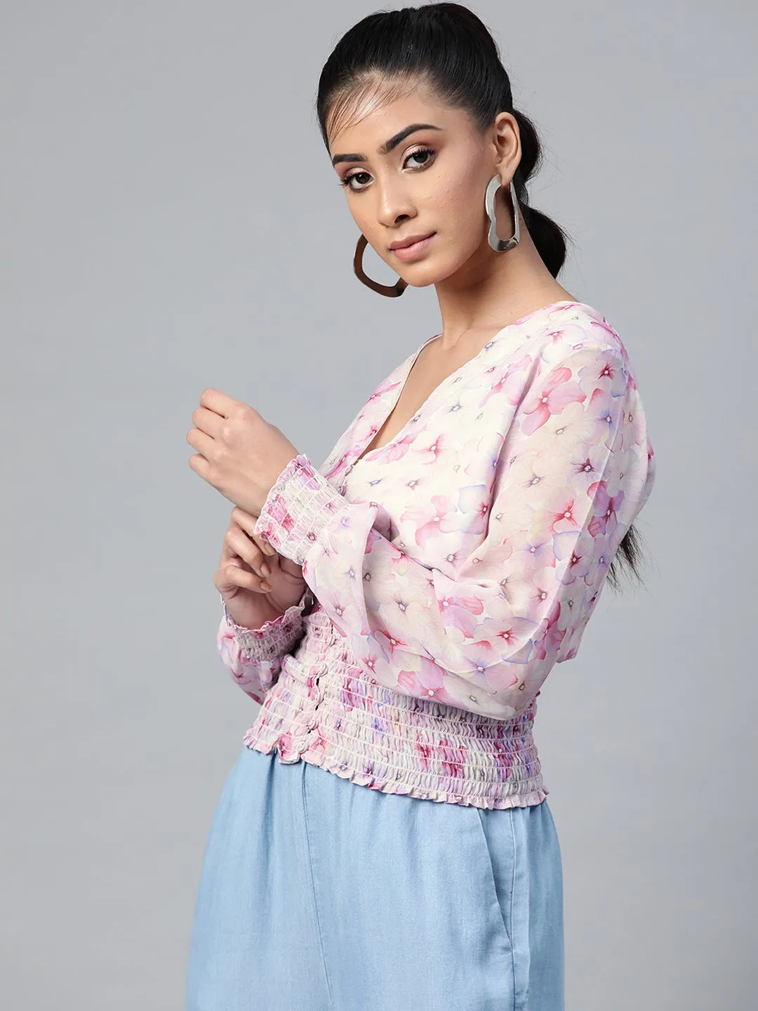 Pink Colour Floral V Neck Smocking Top