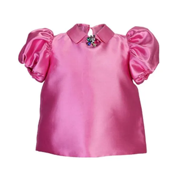 PINK PUFF SLEEVE BLOUSE AND SKIRT SET WITH HAIRBOW