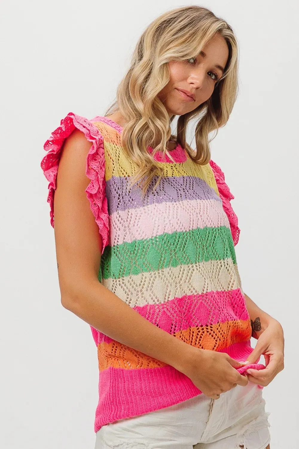 Pointelle Striped Ruffled Knit Top