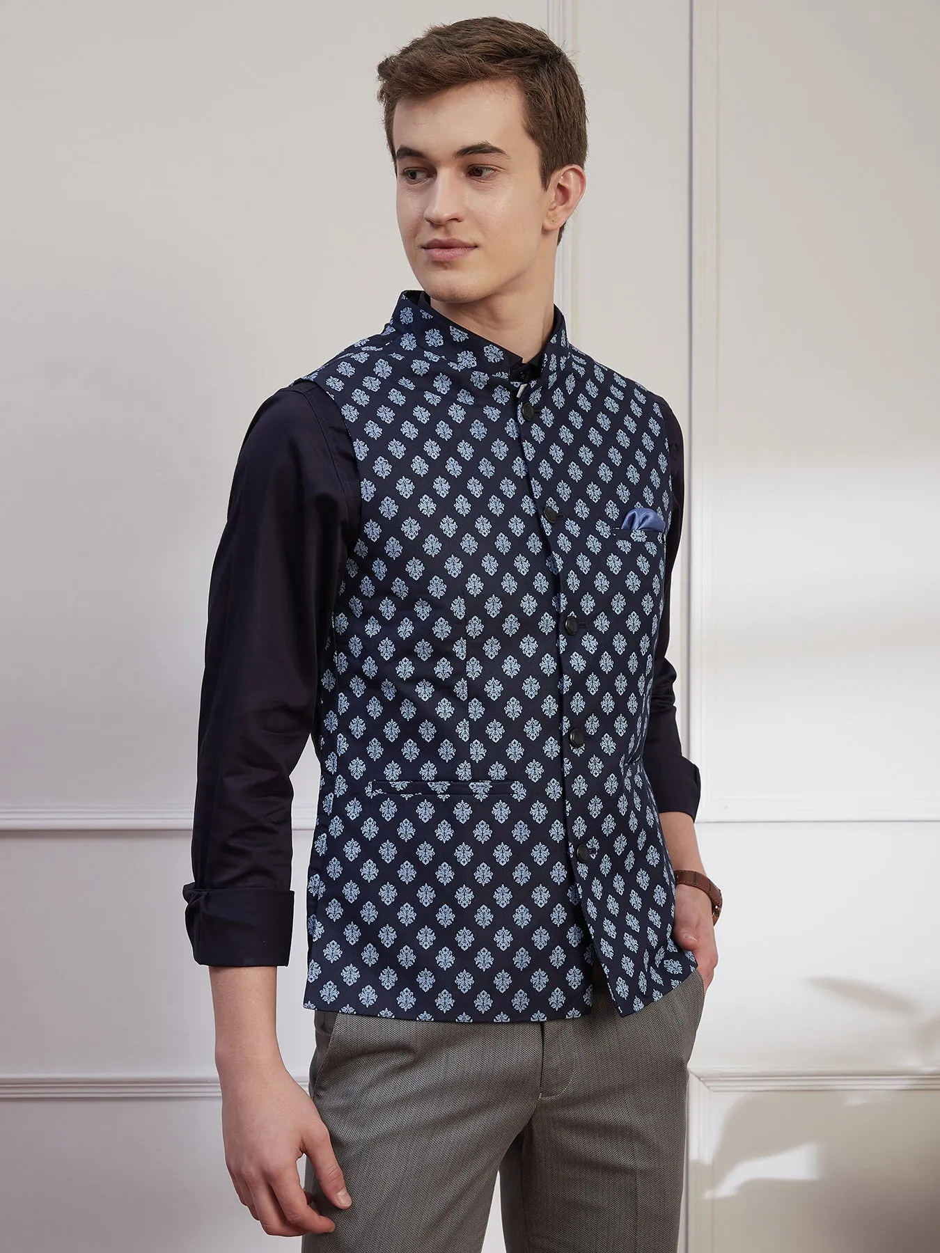 Poly Cotton Navy Blue Printed Slim Fit Sleeve Less Ceremonial Nehru Jacket