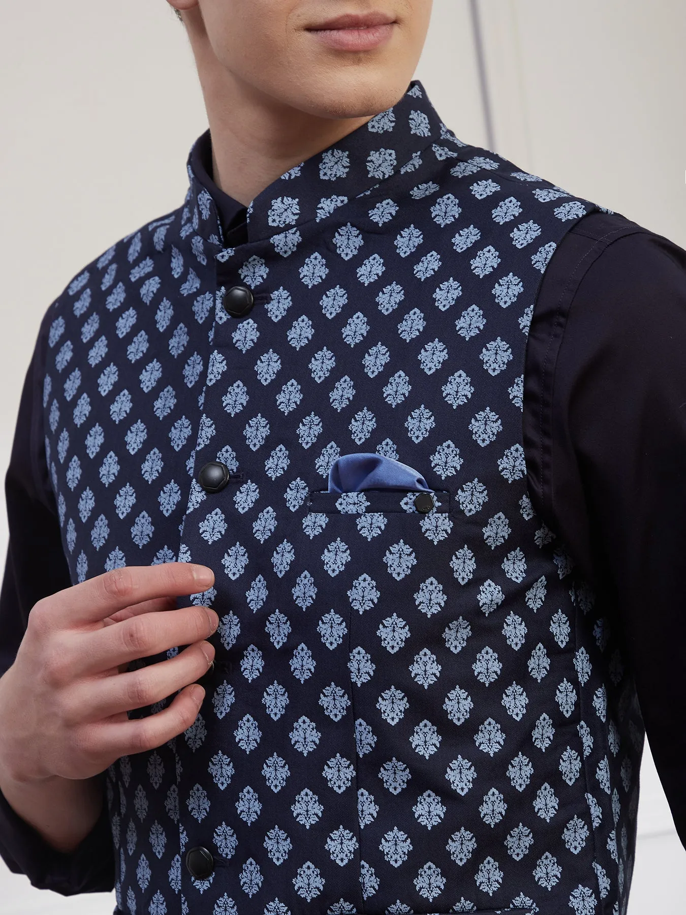 Poly Cotton Navy Blue Printed Slim Fit Sleeve Less Ceremonial Nehru Jacket