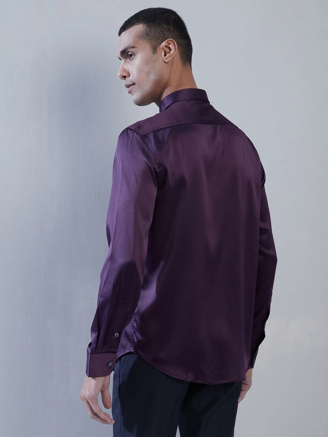 Poly Satin Purple Plain Slim Fit Full Sleeve Ceremonial Shirt