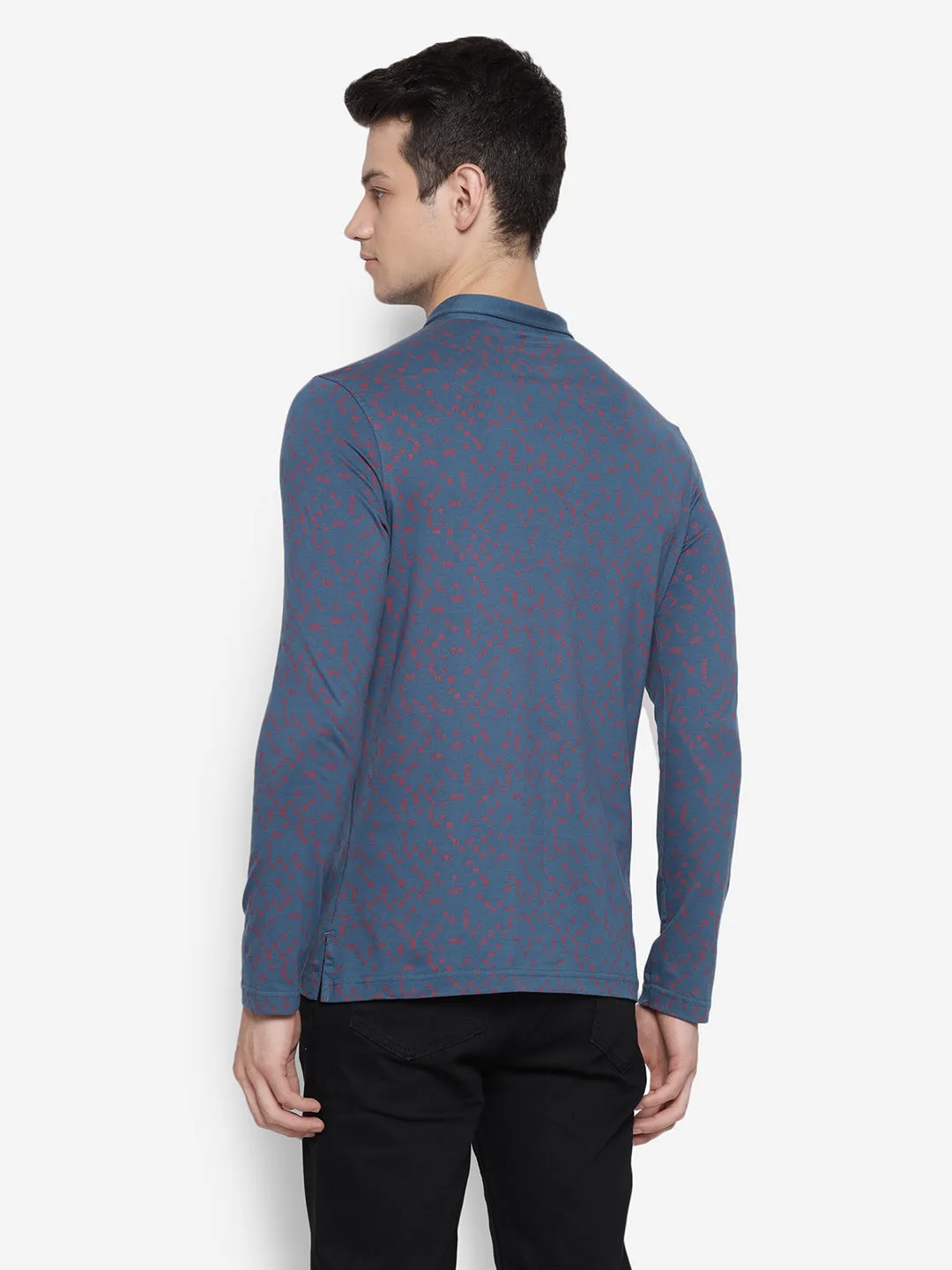 Printed Maroon & Navy Blue Polo Neck Men Full Sleeve T-Shirt for Men