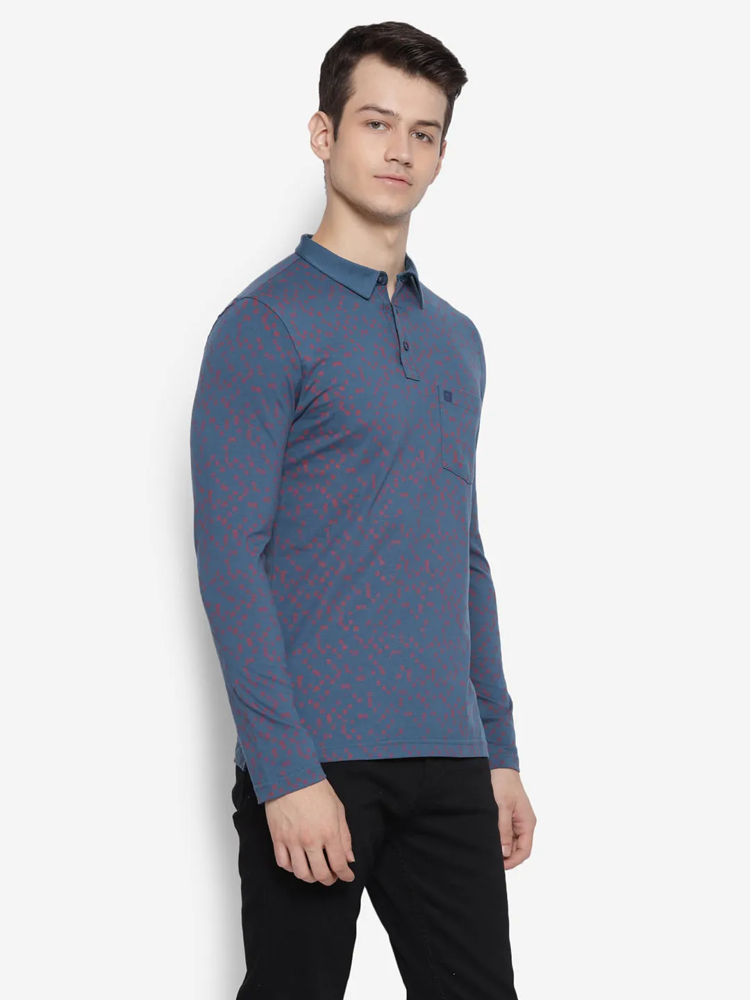 Printed Maroon & Navy Blue Polo Neck Men Full Sleeve T-Shirt for Men