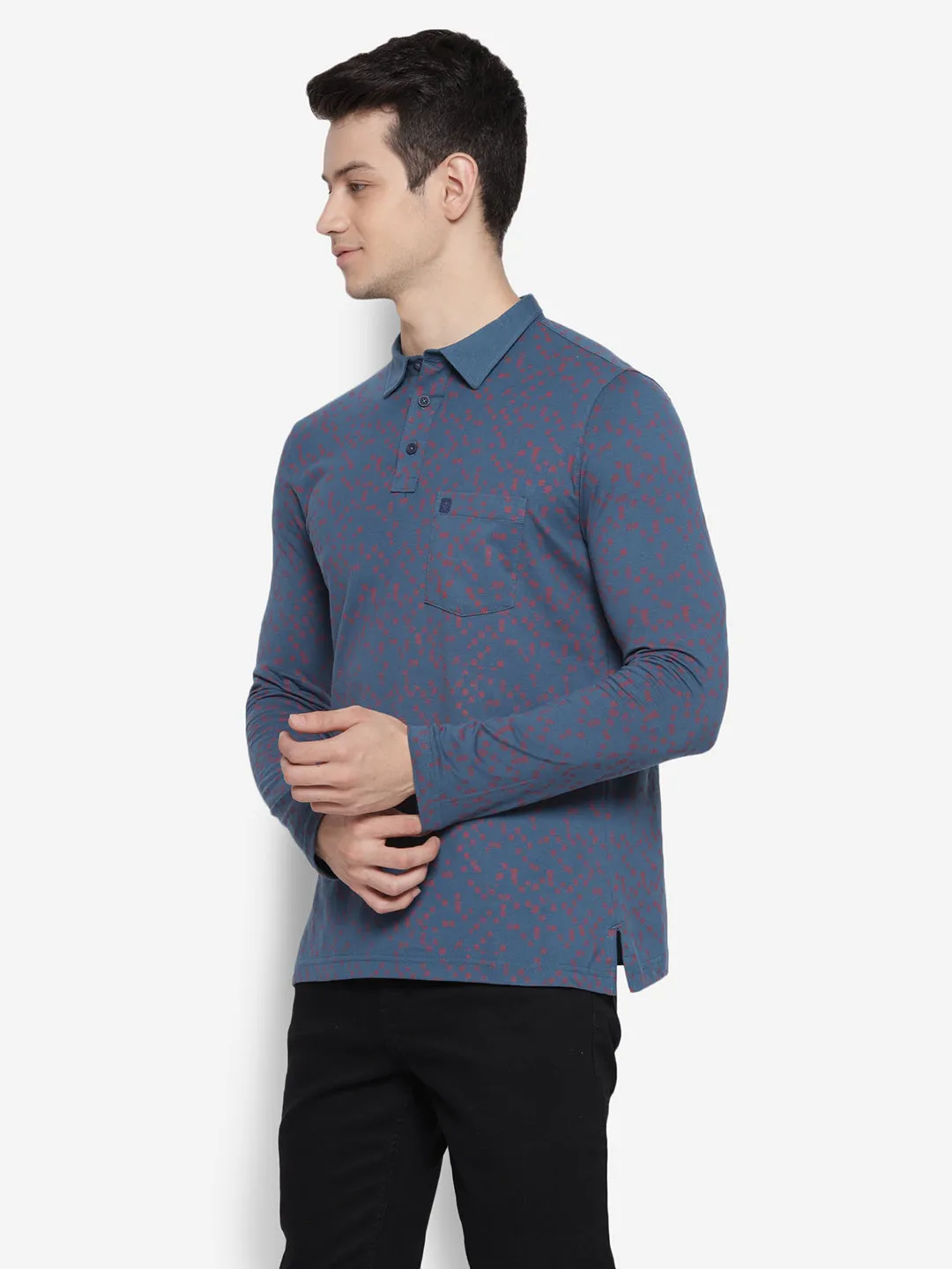 Printed Maroon & Navy Blue Polo Neck Men Full Sleeve T-Shirt for Men