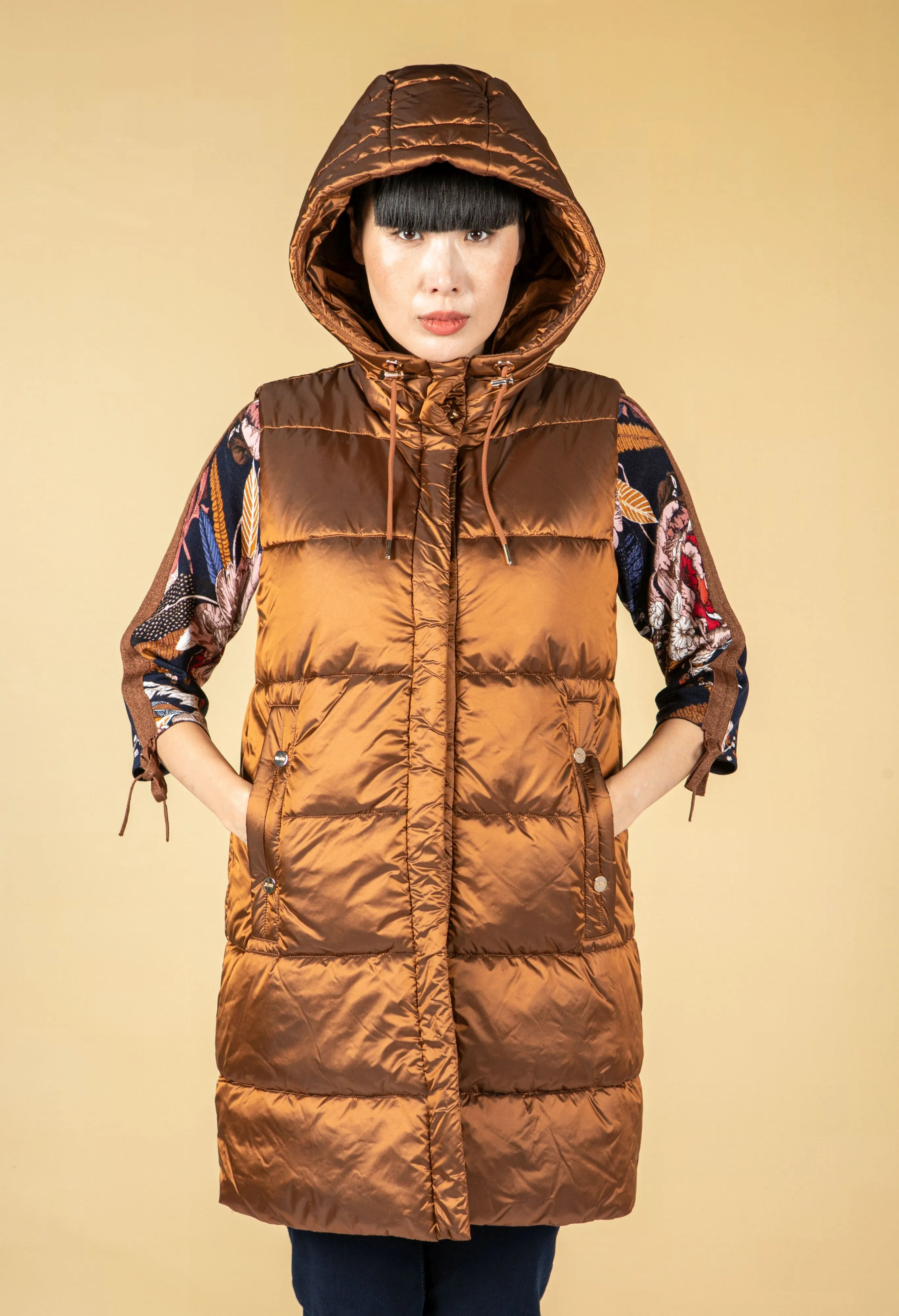 Quilted Long Hooded Gilet in Sunset Bronze