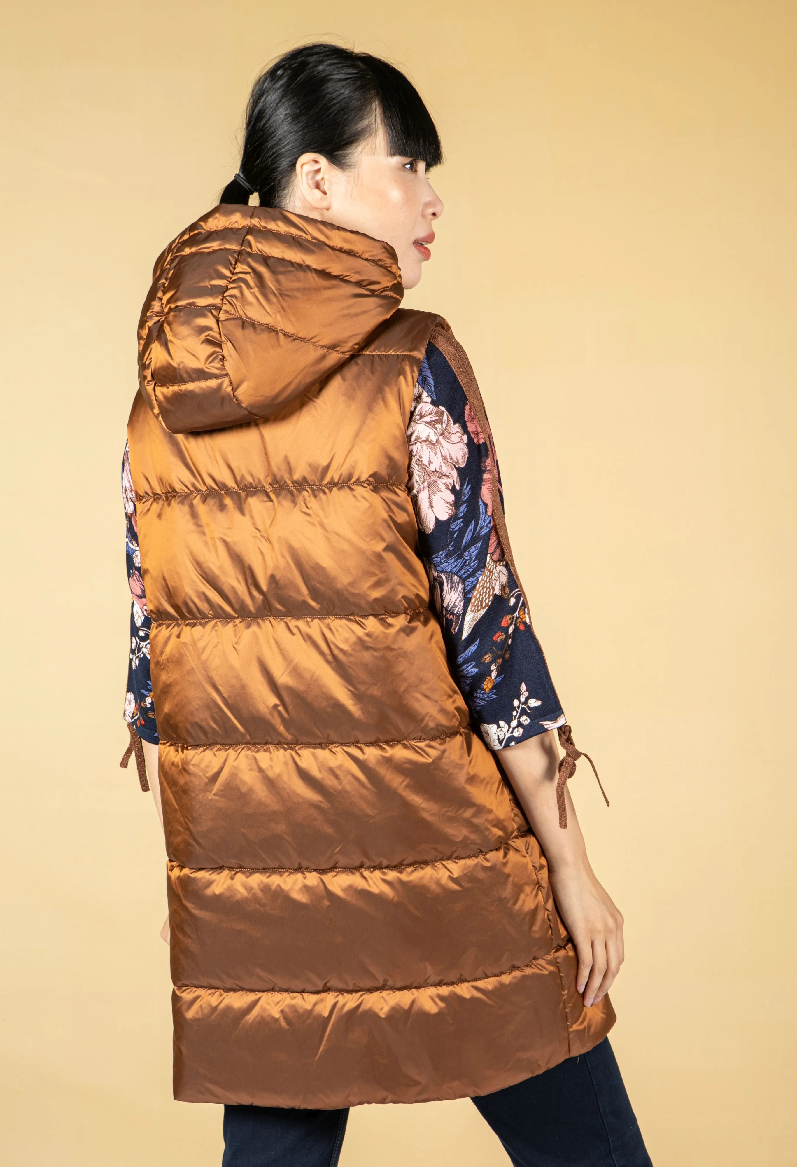 Quilted Long Hooded Gilet in Sunset Bronze