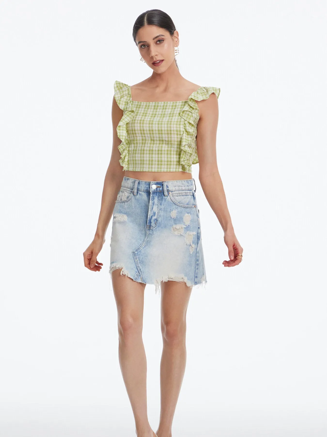 Raw Hem Ripped Denim Skirt