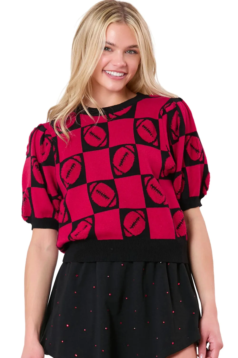 Red Rugby Checkered Color Block Puff Sleeve Knit Top