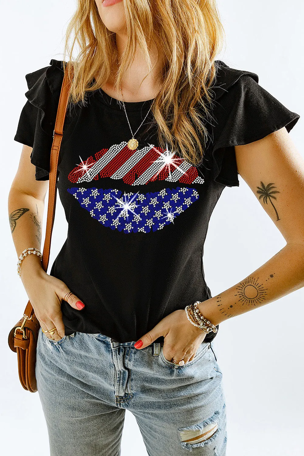 Rhinestone American Flag Lip Shape Graphic Tiered Ruffle Sleeve Tee: Sparkle Loud, Slay Hard, and Serve Looks AF 💋🇺🇸✨