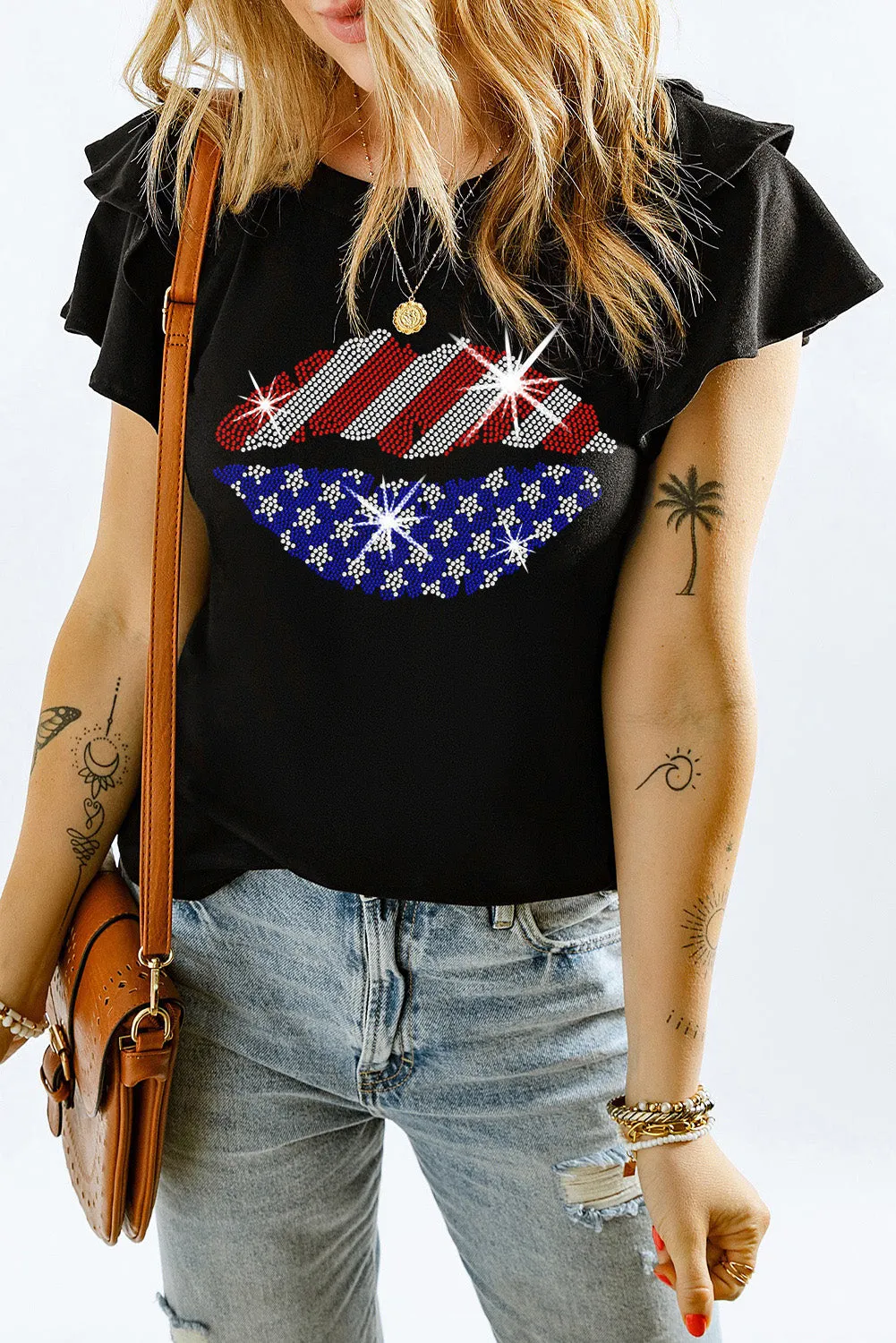 Rhinestone American Flag Lip Shape Graphic Tiered Ruffle Sleeve Tee: Sparkle Loud, Slay Hard, and Serve Looks AF 💋🇺🇸✨