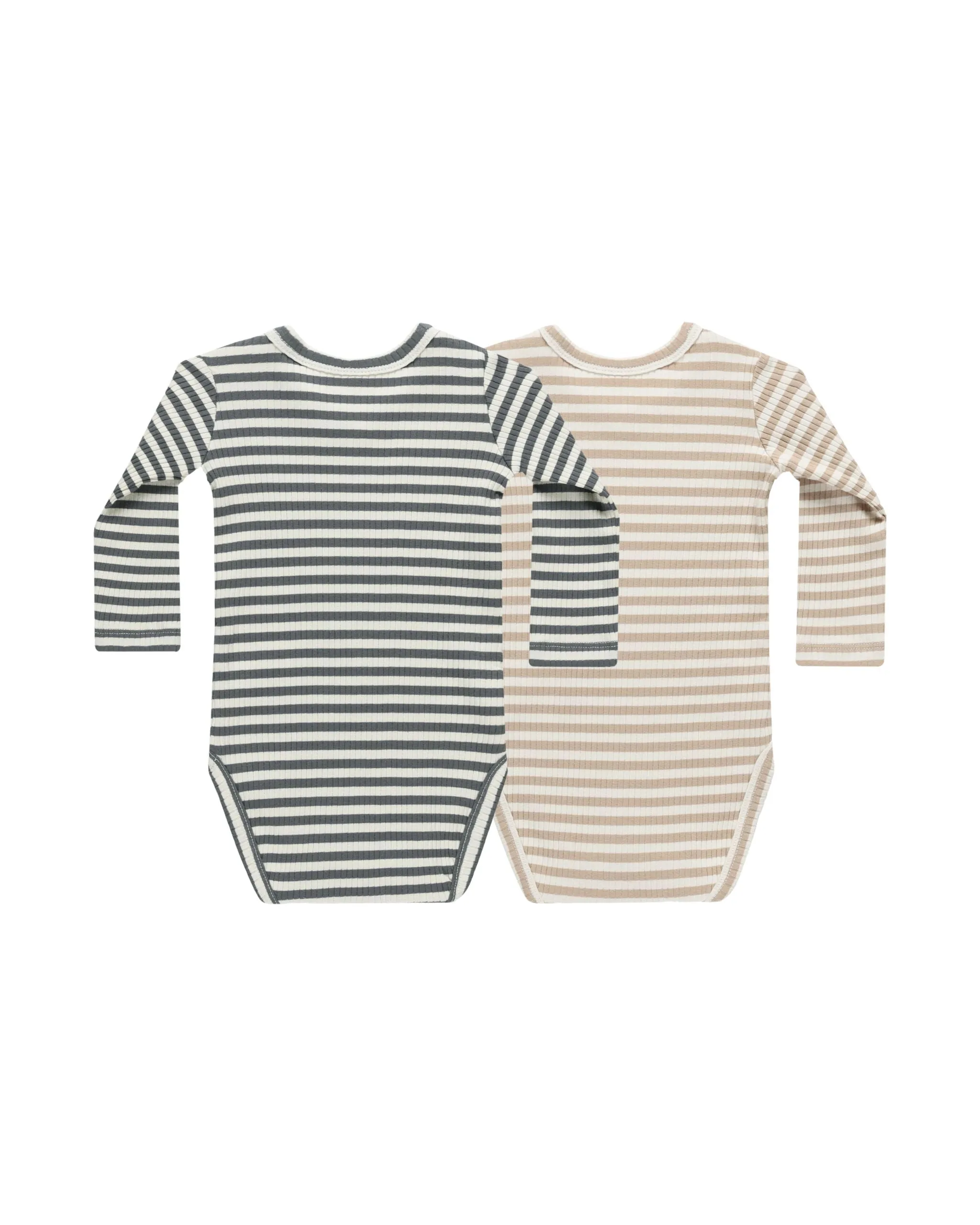 Ribbed Long Sleeve Bodysuit (Set of 2) - Indigo Stripe, Latte Stripe