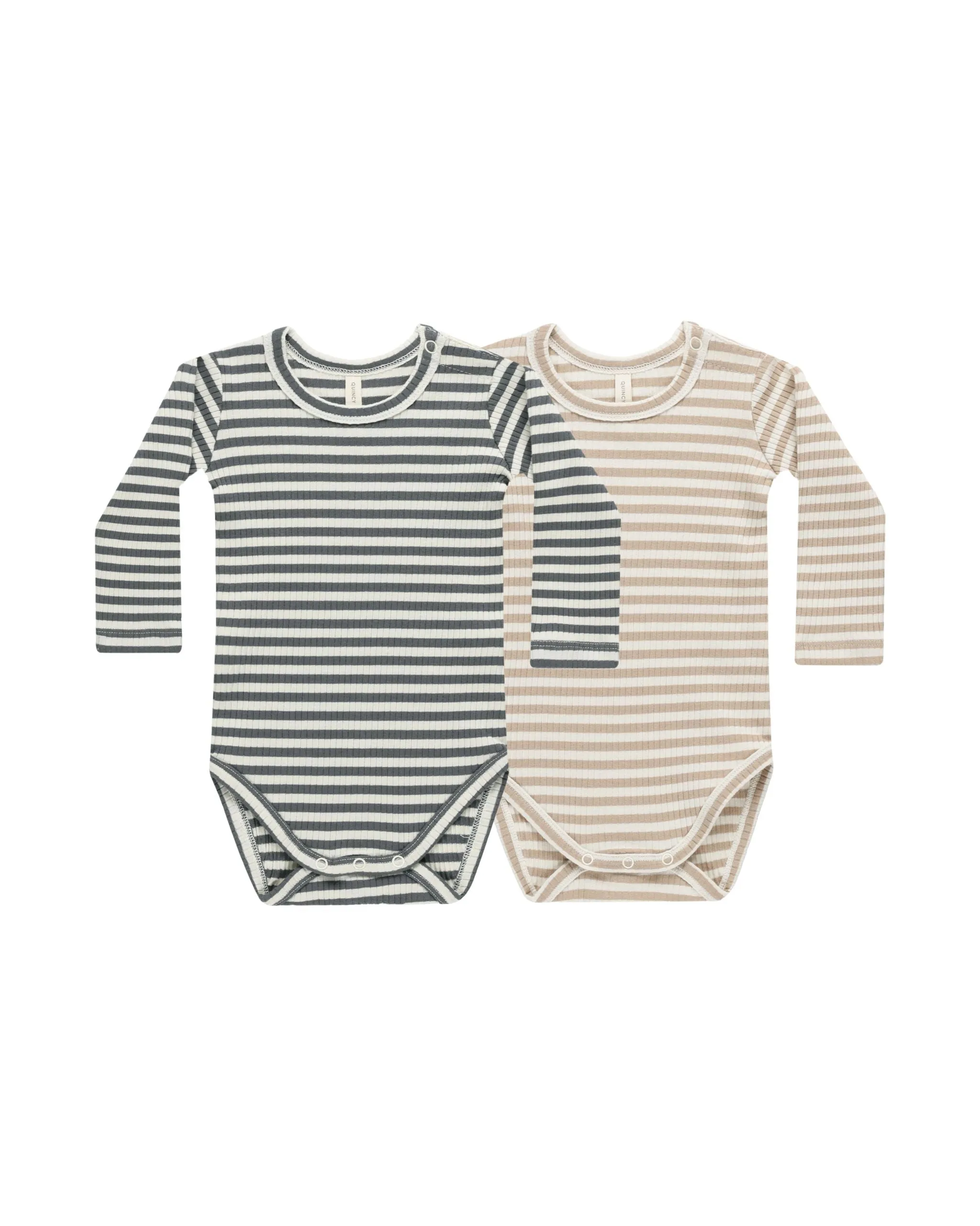 Ribbed Long Sleeve Bodysuit (Set of 2) - Indigo Stripe, Latte Stripe