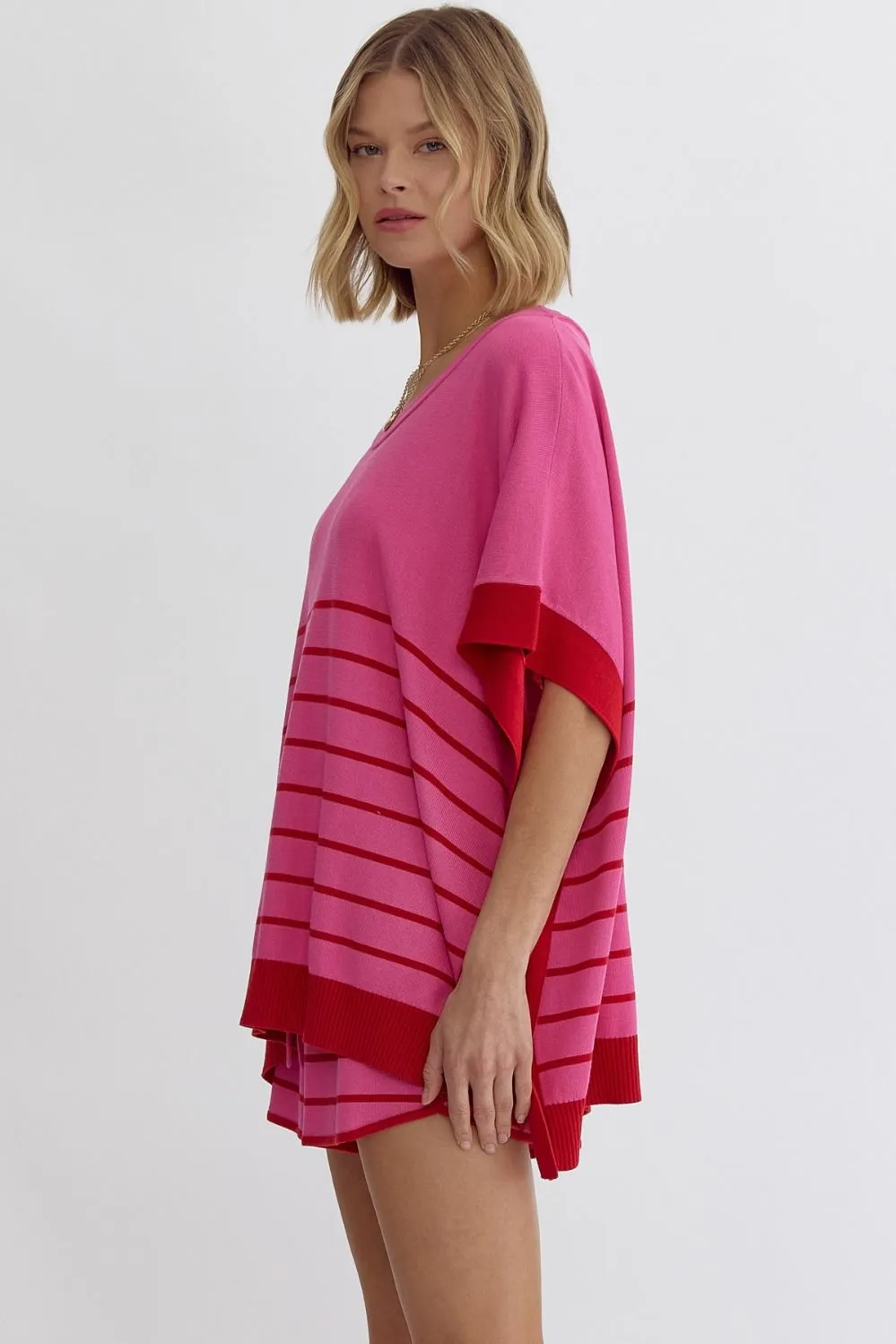 Round Neck Striped Detail Poncho Style Top