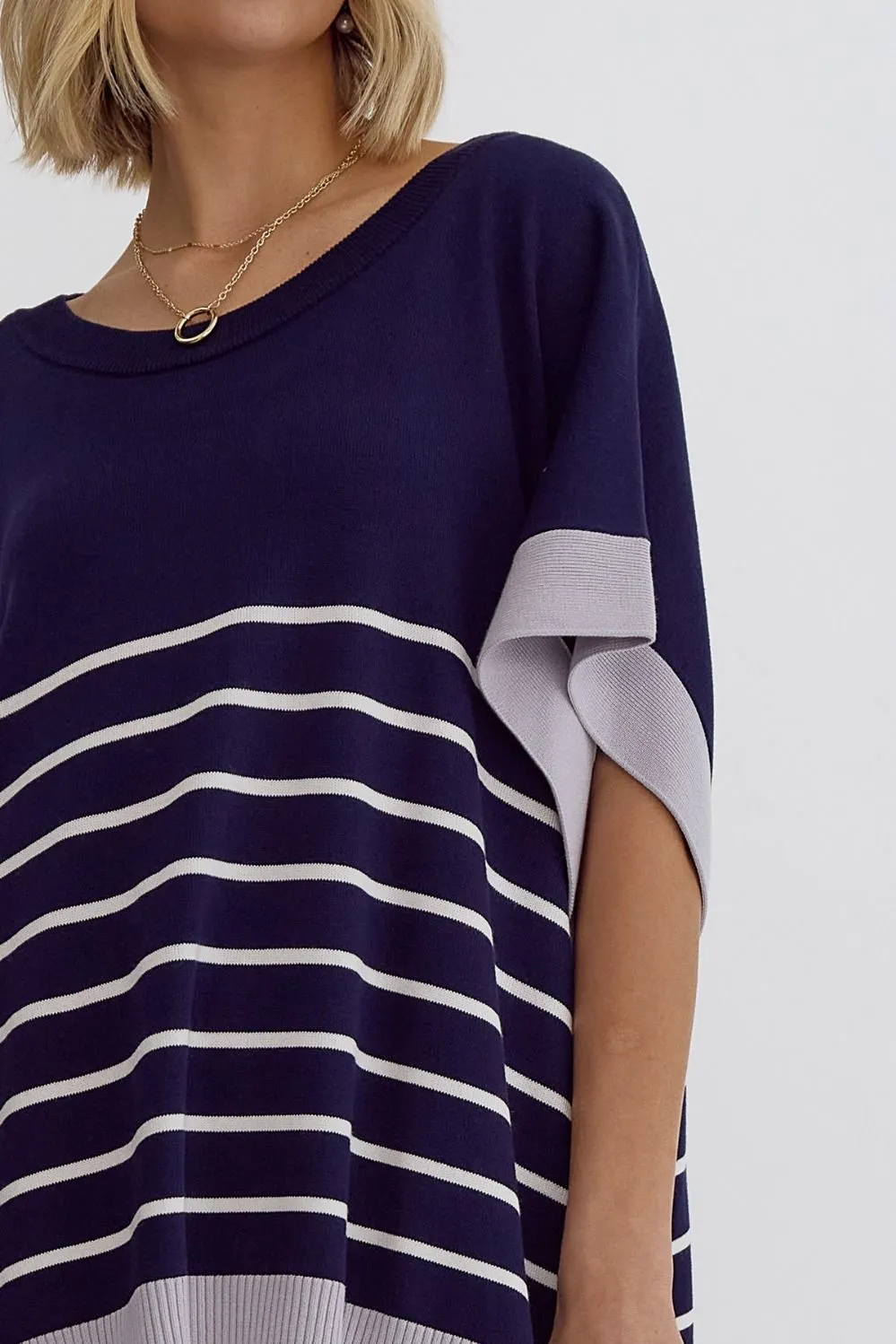 Round Neck Striped Detail Poncho Style Top