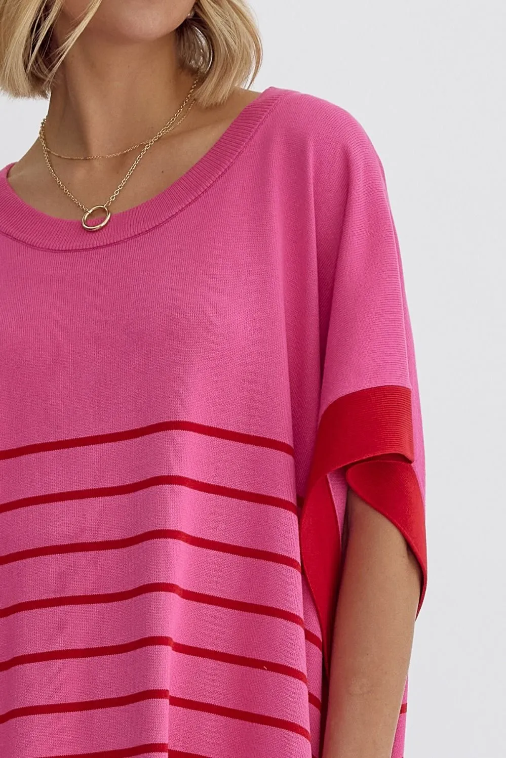 Round Neck Striped Detail Poncho Style Top