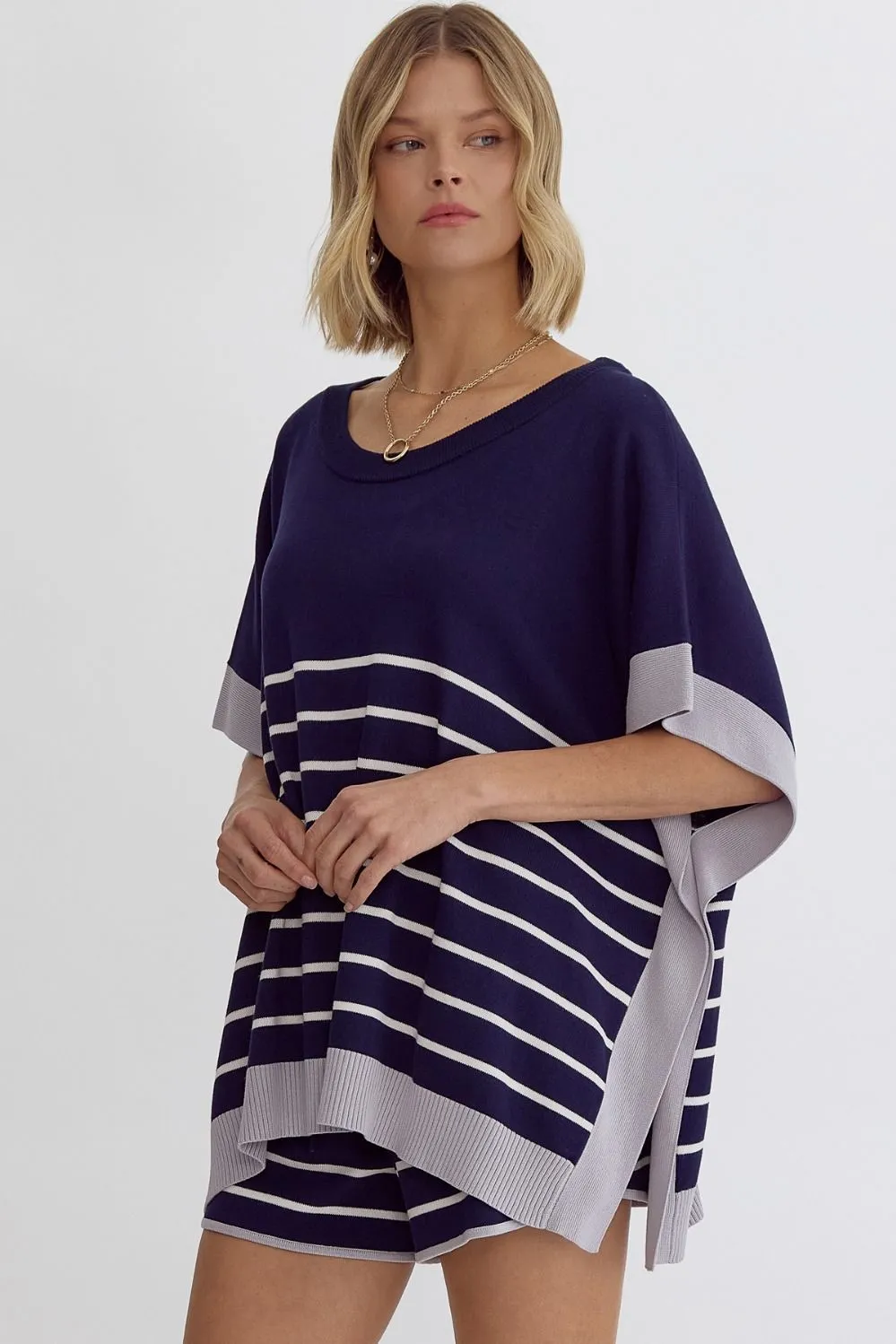 Round Neck Striped Detail Poncho Style Top