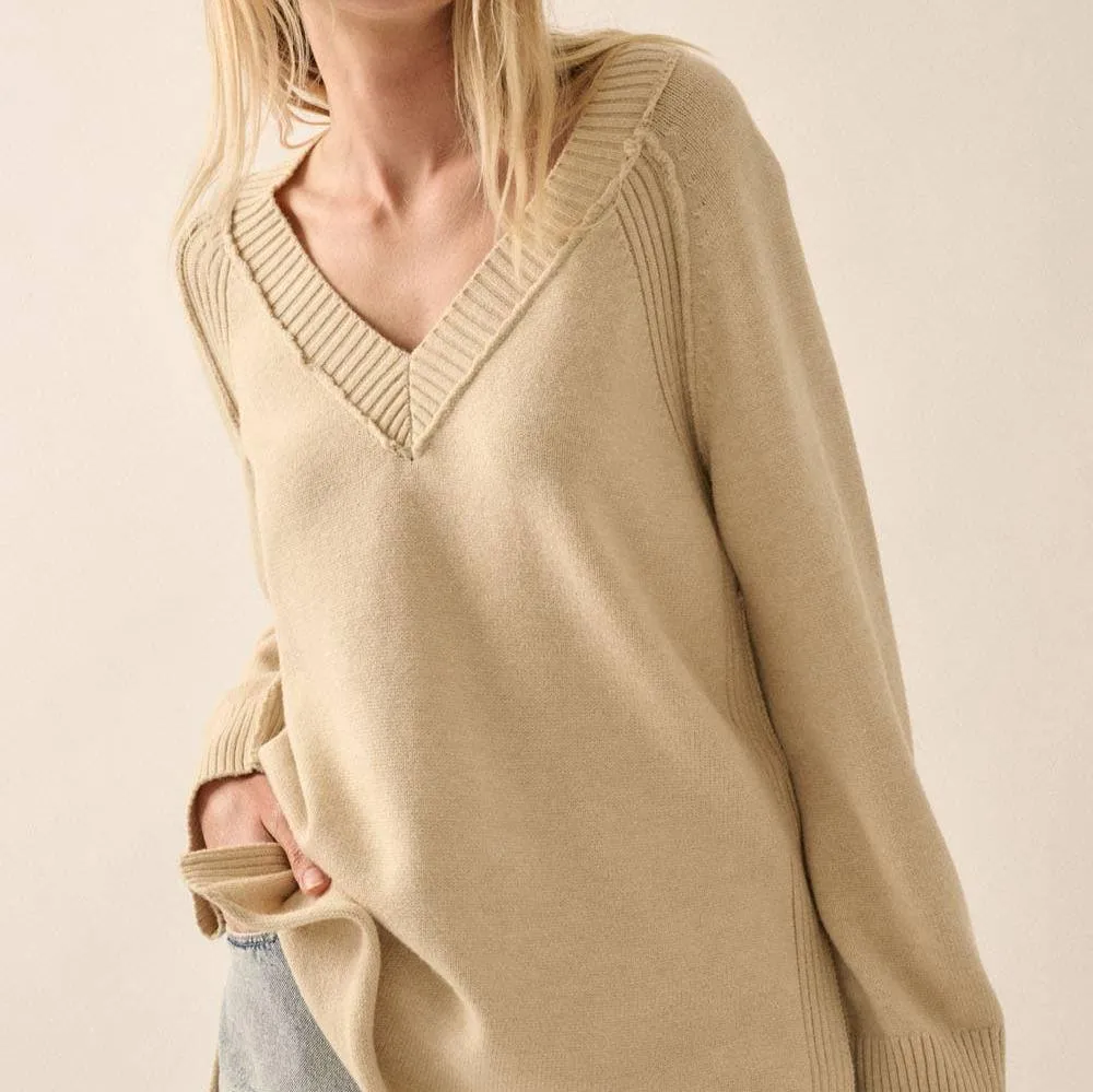 Shayla Rib Knit V Neck Pipe Trim Sweater Top