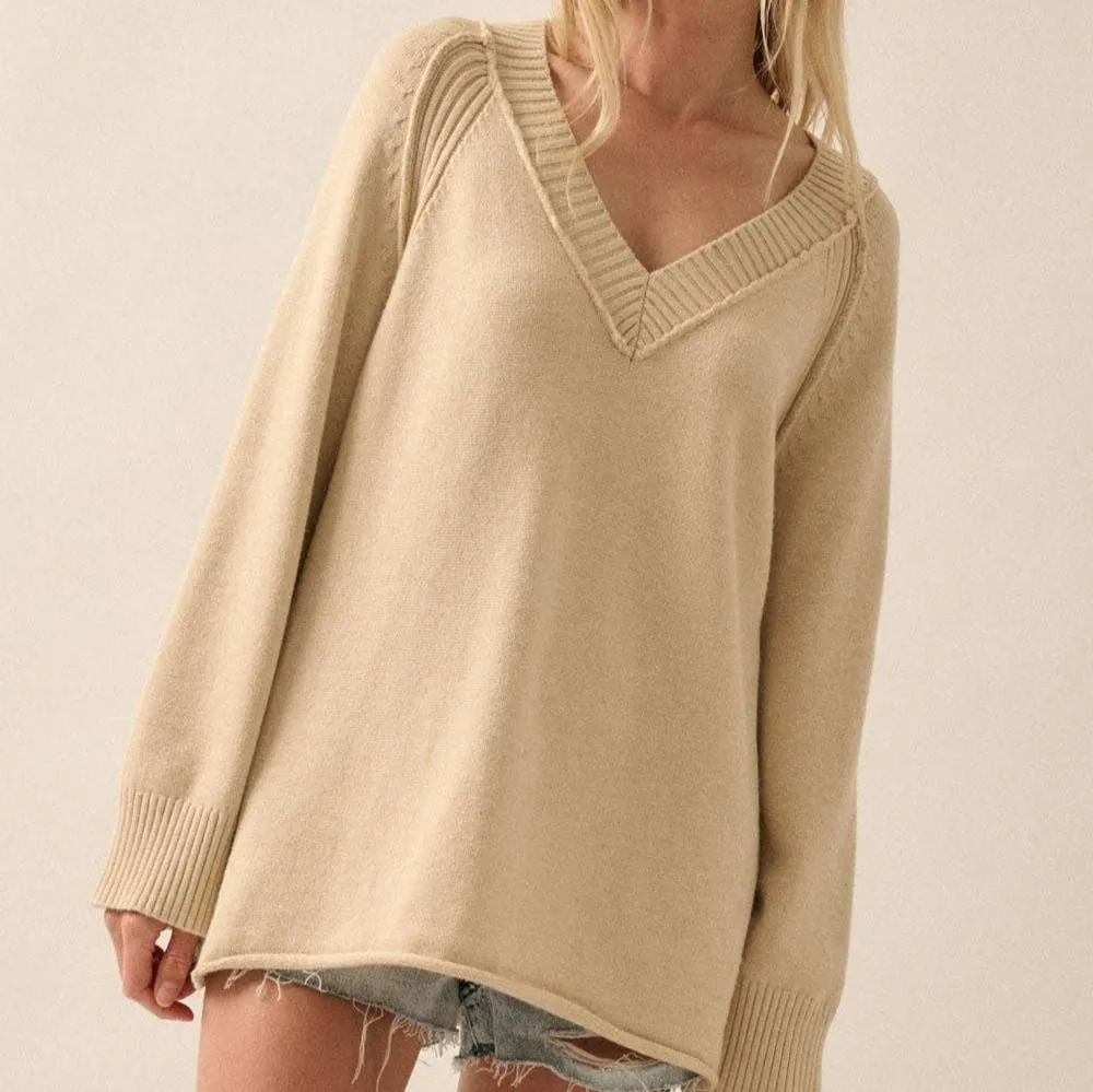 Shayla Rib Knit V Neck Pipe Trim Sweater Top