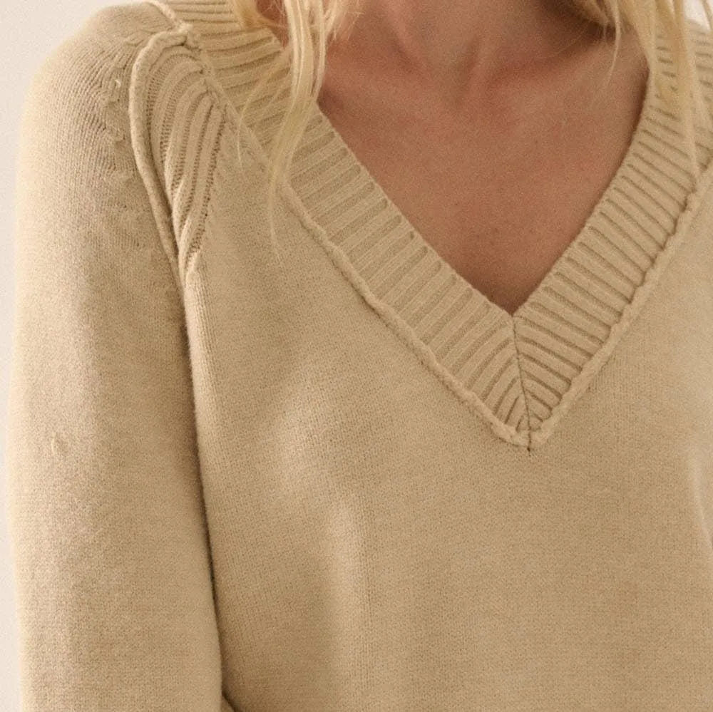 Shayla Rib Knit V Neck Pipe Trim Sweater Top