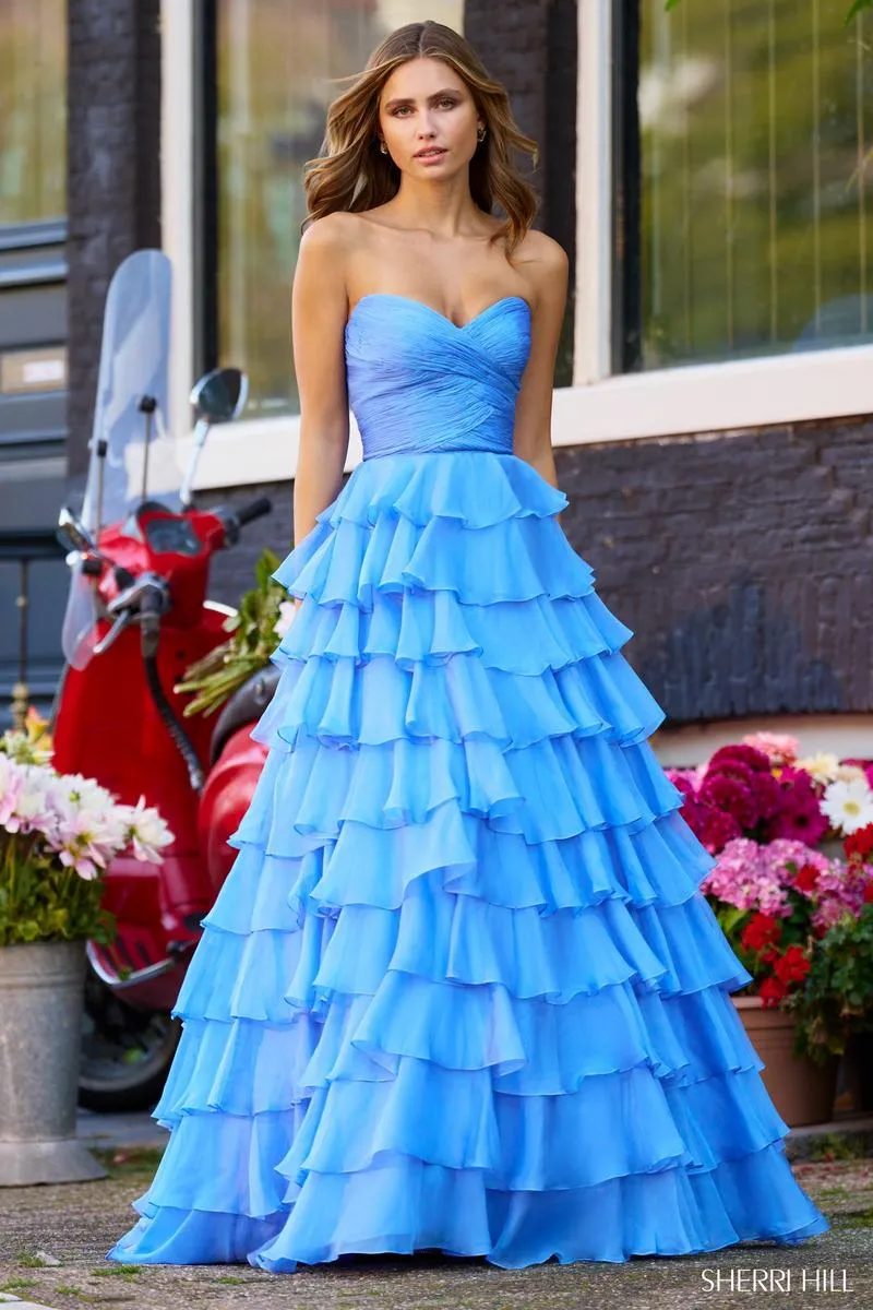 Sherri Hill Tiered Chiffon Strapless Dress 56346