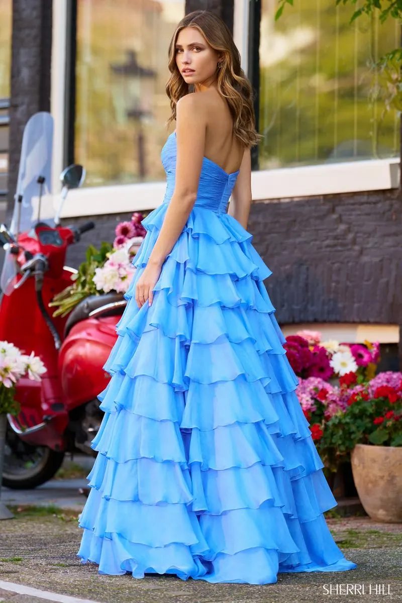 Sherri Hill Tiered Chiffon Strapless Dress 56346