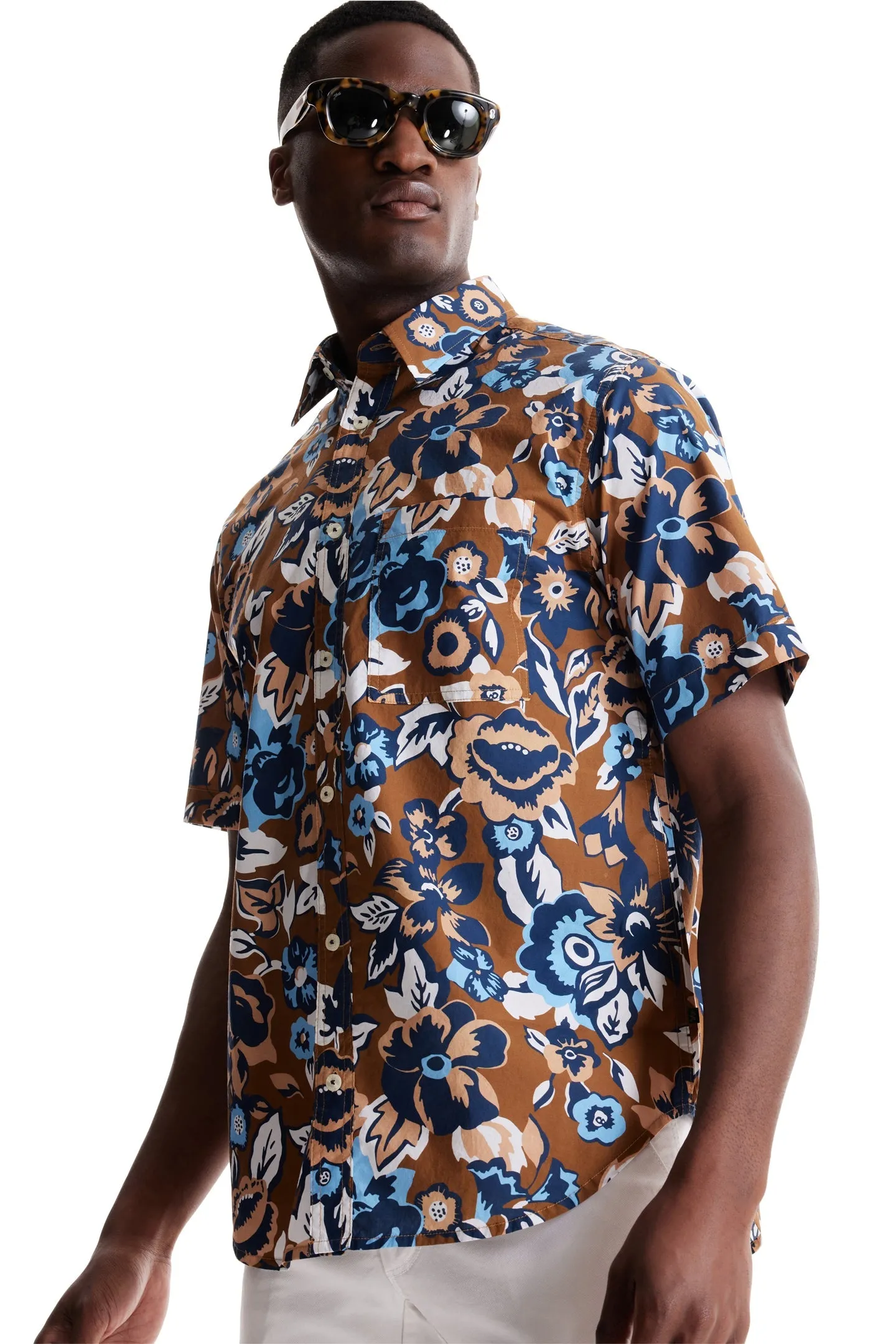 Soft Cloth Point Collar Shirt in Italian Poplin - Bronze Aloha Pop Print