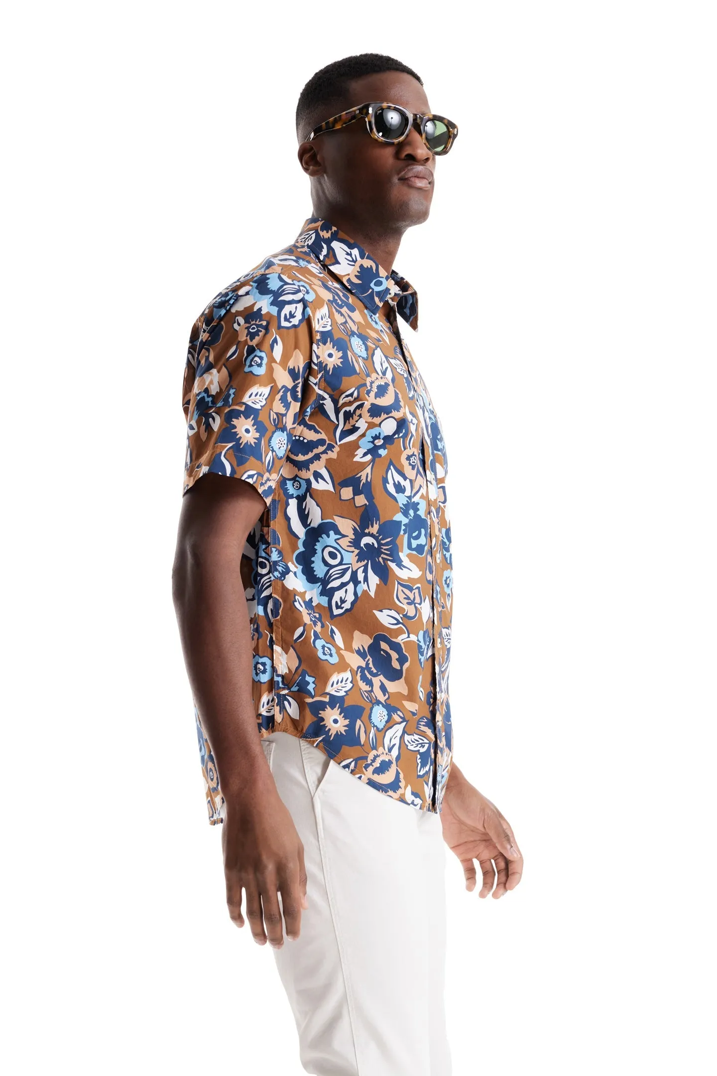 Soft Cloth Point Collar Shirt in Italian Poplin - Bronze Aloha Pop Print