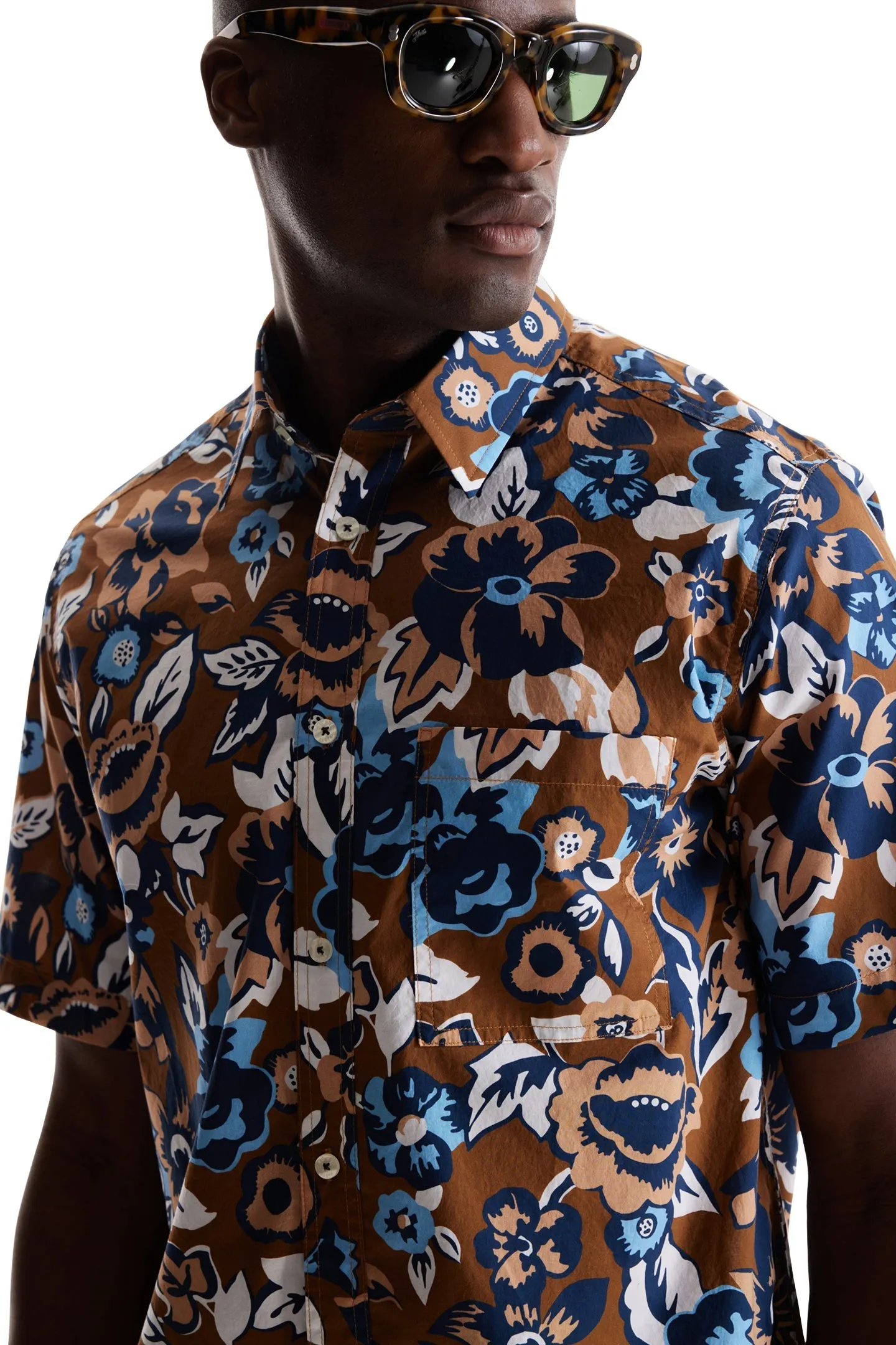 Soft Cloth Point Collar Shirt in Italian Poplin - Bronze Aloha Pop Print