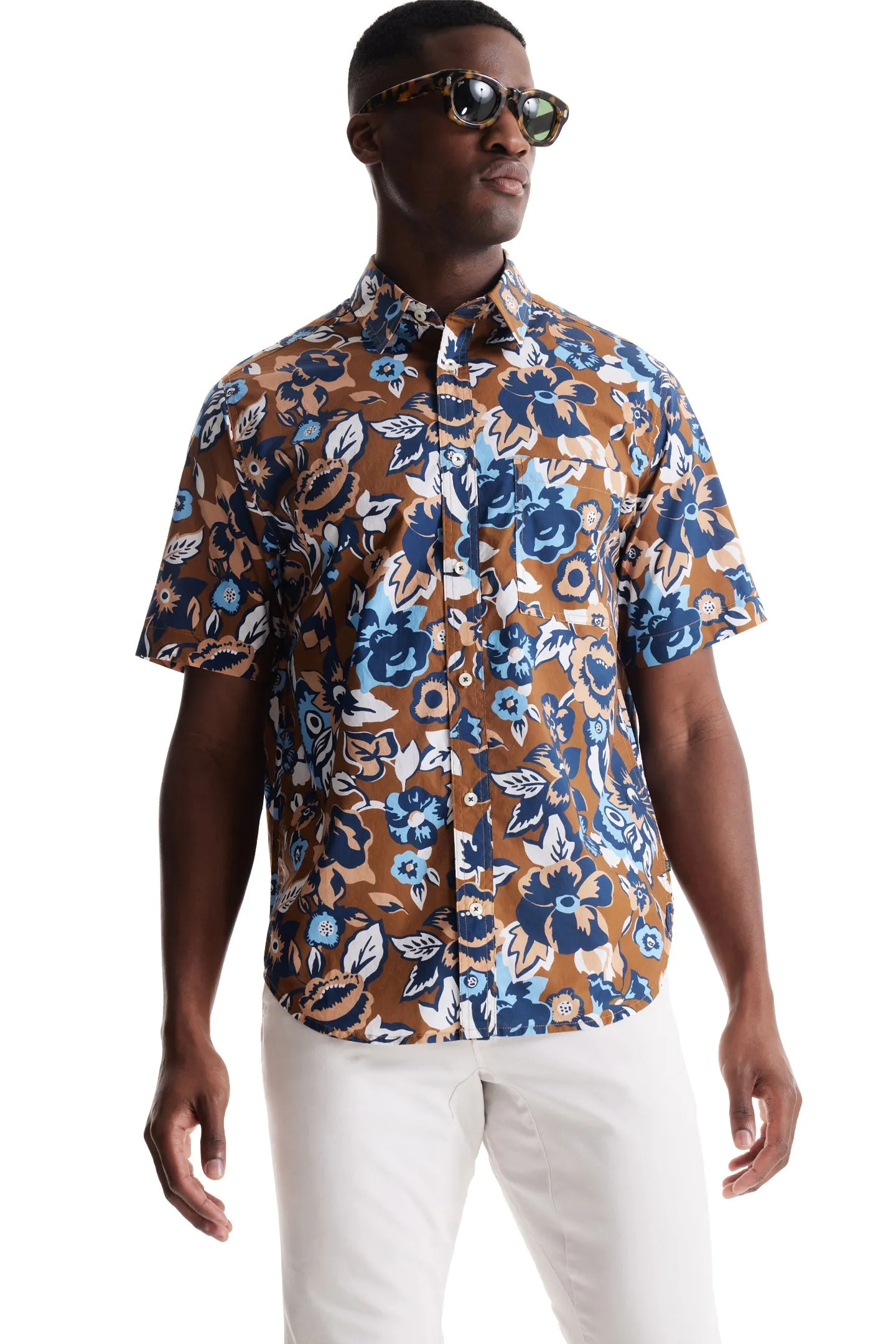 Soft Cloth Point Collar Shirt in Italian Poplin - Bronze Aloha Pop Print