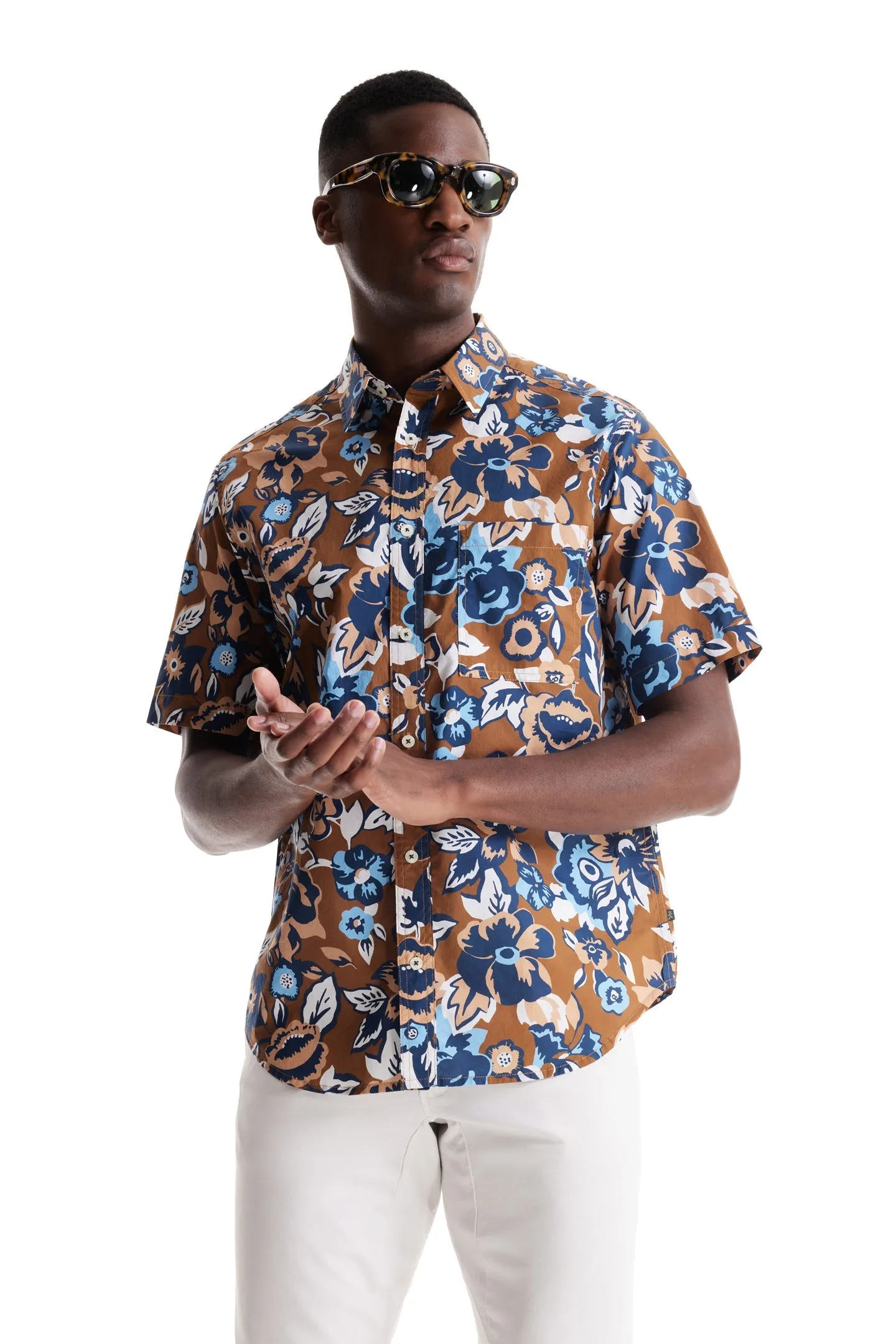 Soft Cloth Point Collar Shirt in Italian Poplin - Bronze Aloha Pop Print