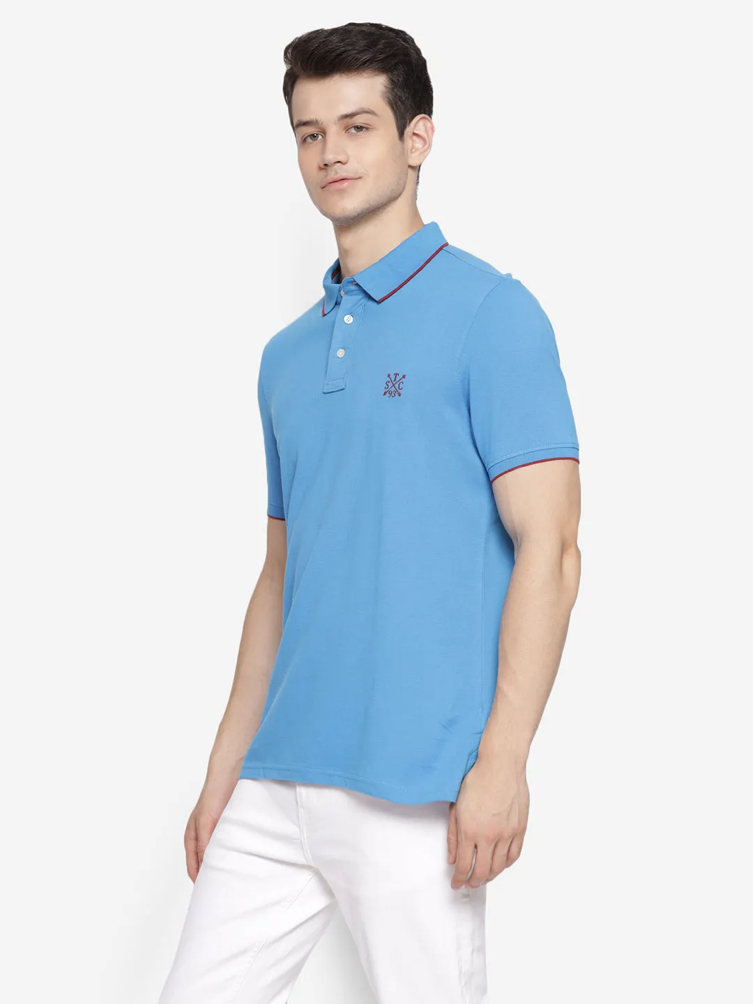 Solid Blue Polo Neck Men Half Sleeve T-Shirt for Men