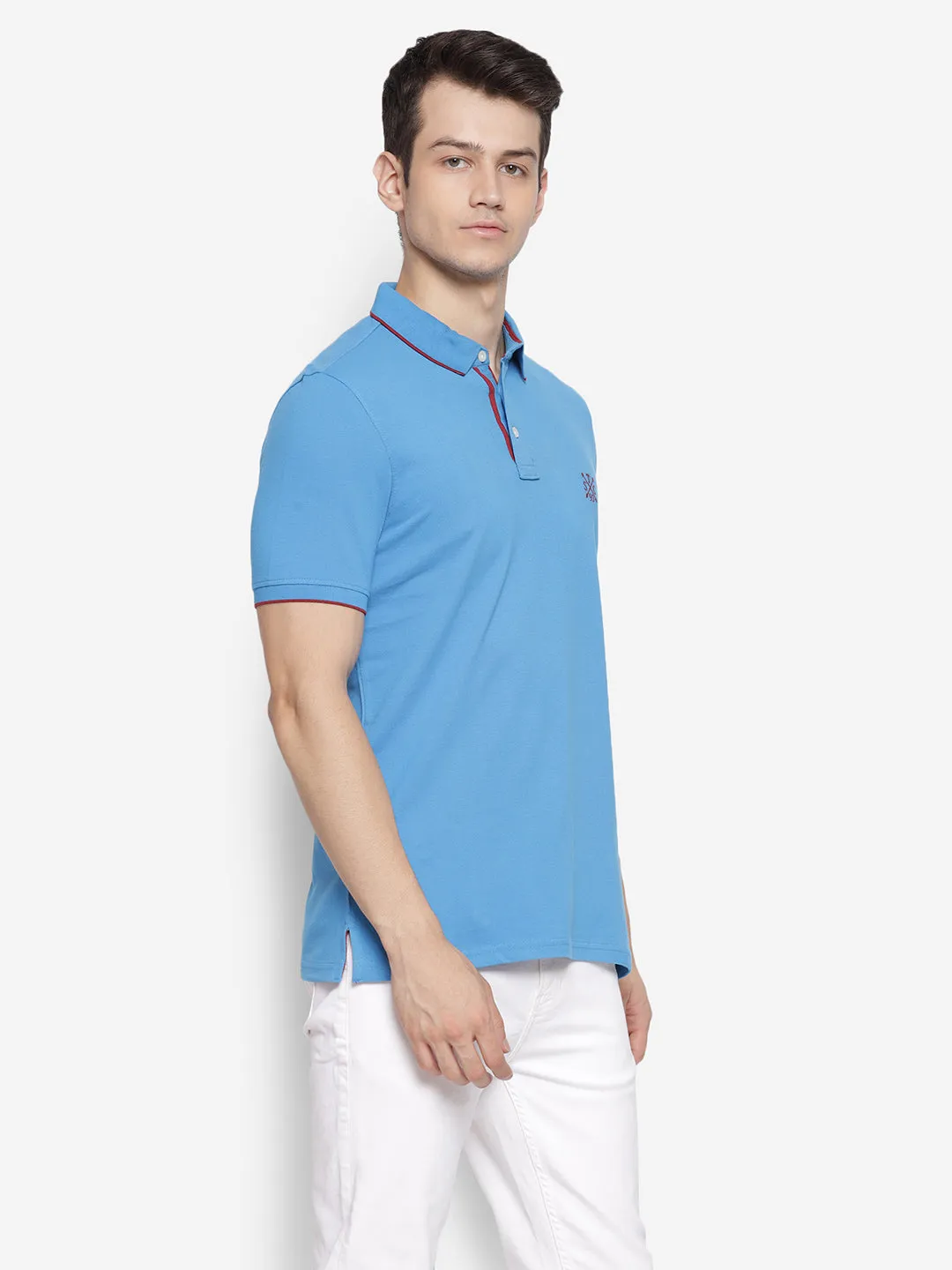 Solid Blue Polo Neck Men Half Sleeve T-Shirt for Men