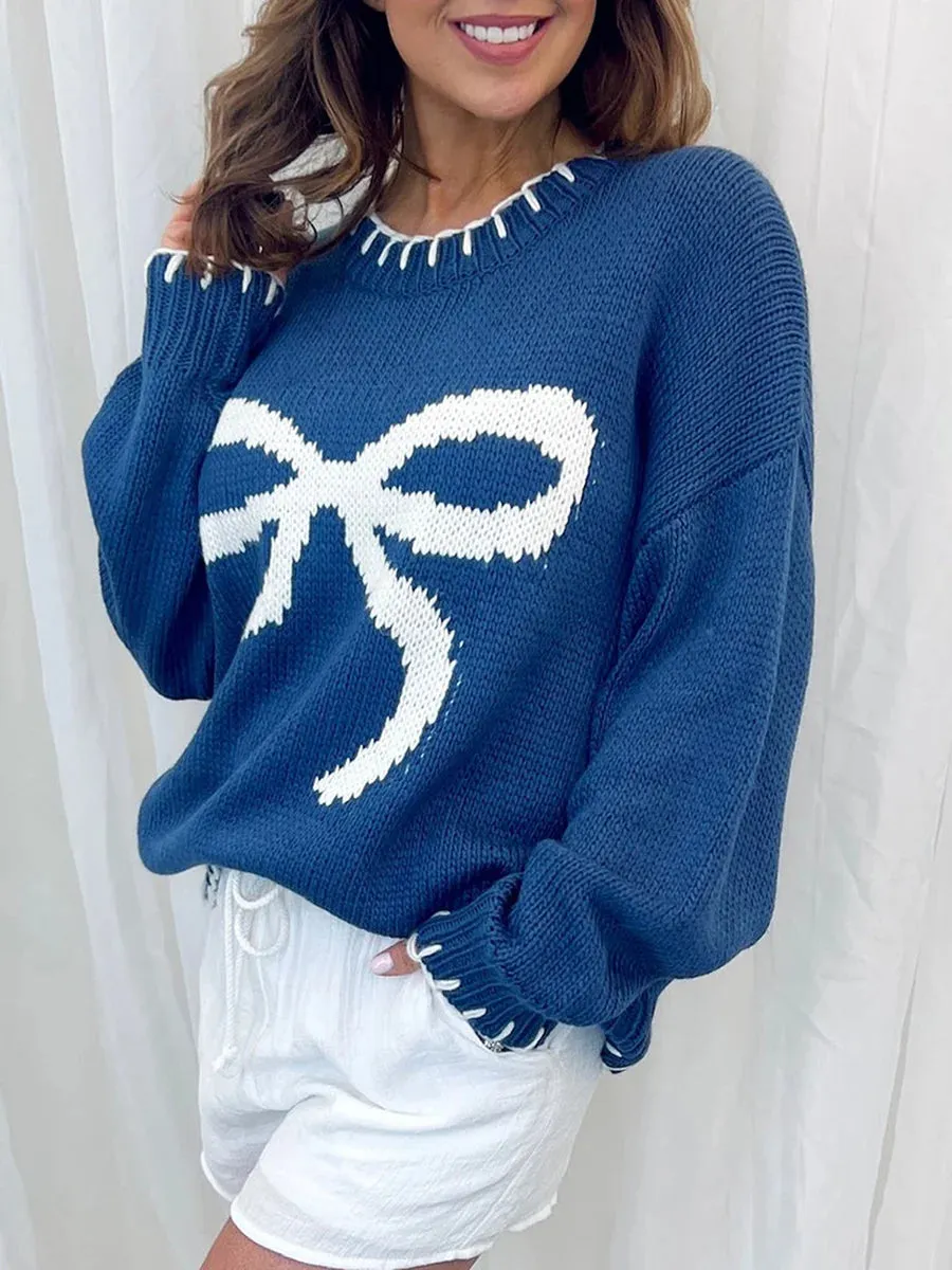 TAVIMART  -  Women Cute Bow Printed Sweater Crewneck Oversized Knit Jumper Top Long Sleeve Pullover Sweater Knitwear