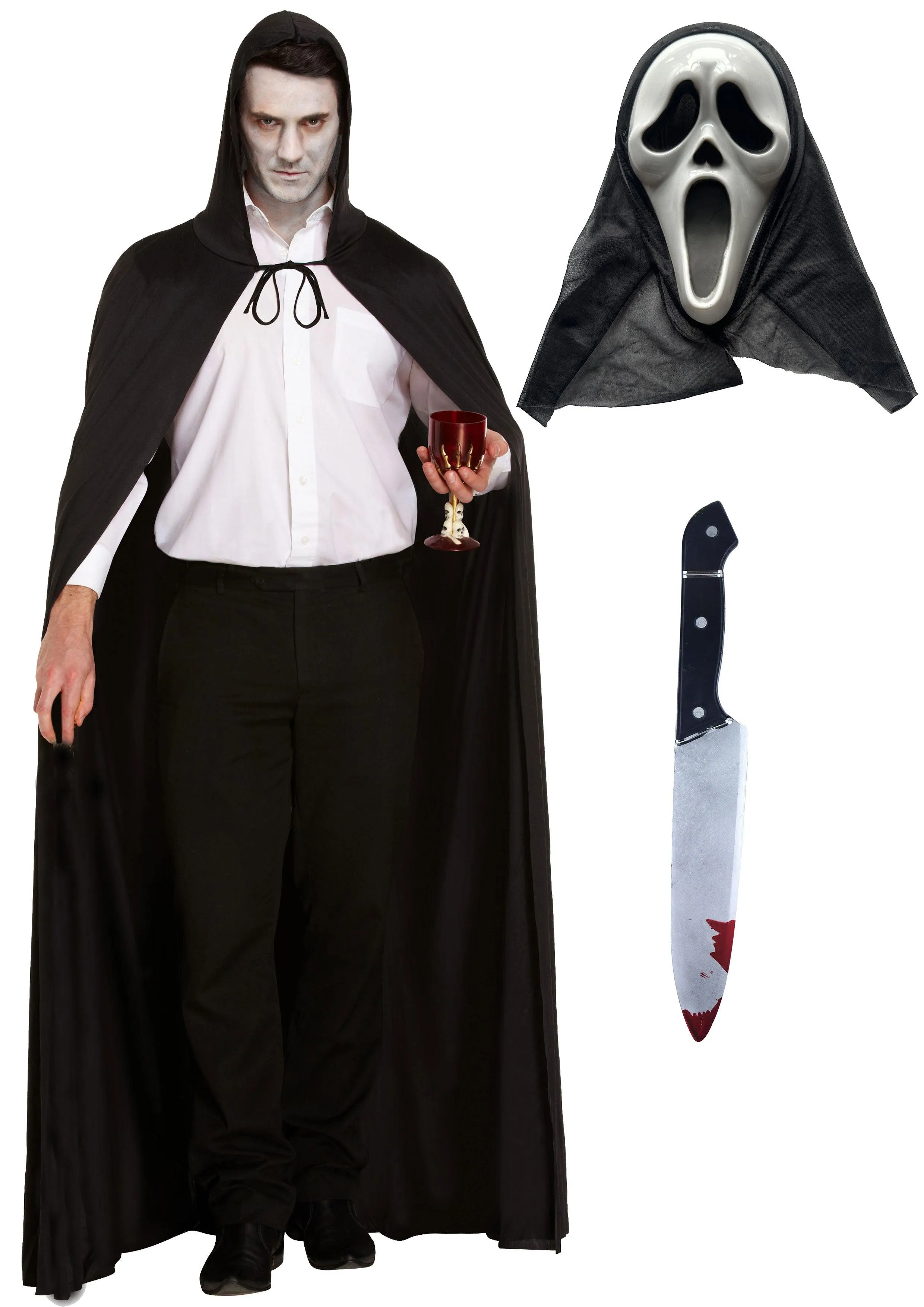 Terrifying Ghost Costume Ensemble: Long Black Cape, Scream Ghost Killer Mask, and 31cm Fake Bloody Knife