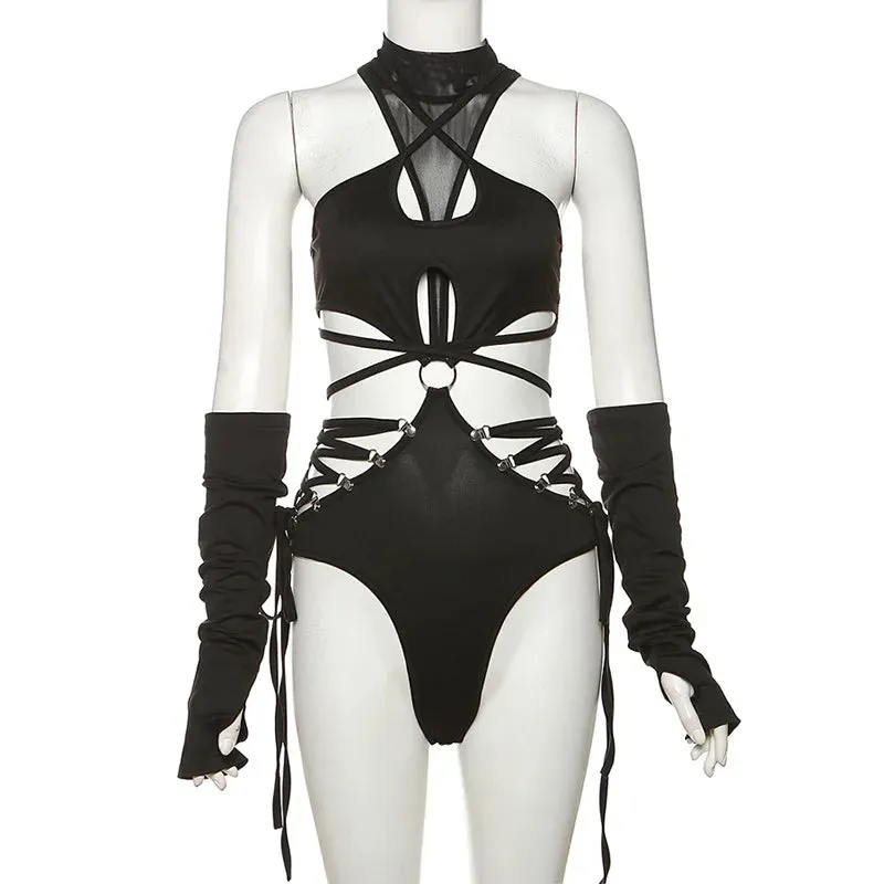 Trendy Black Bandage Hollow Out Mesh Bodysuit