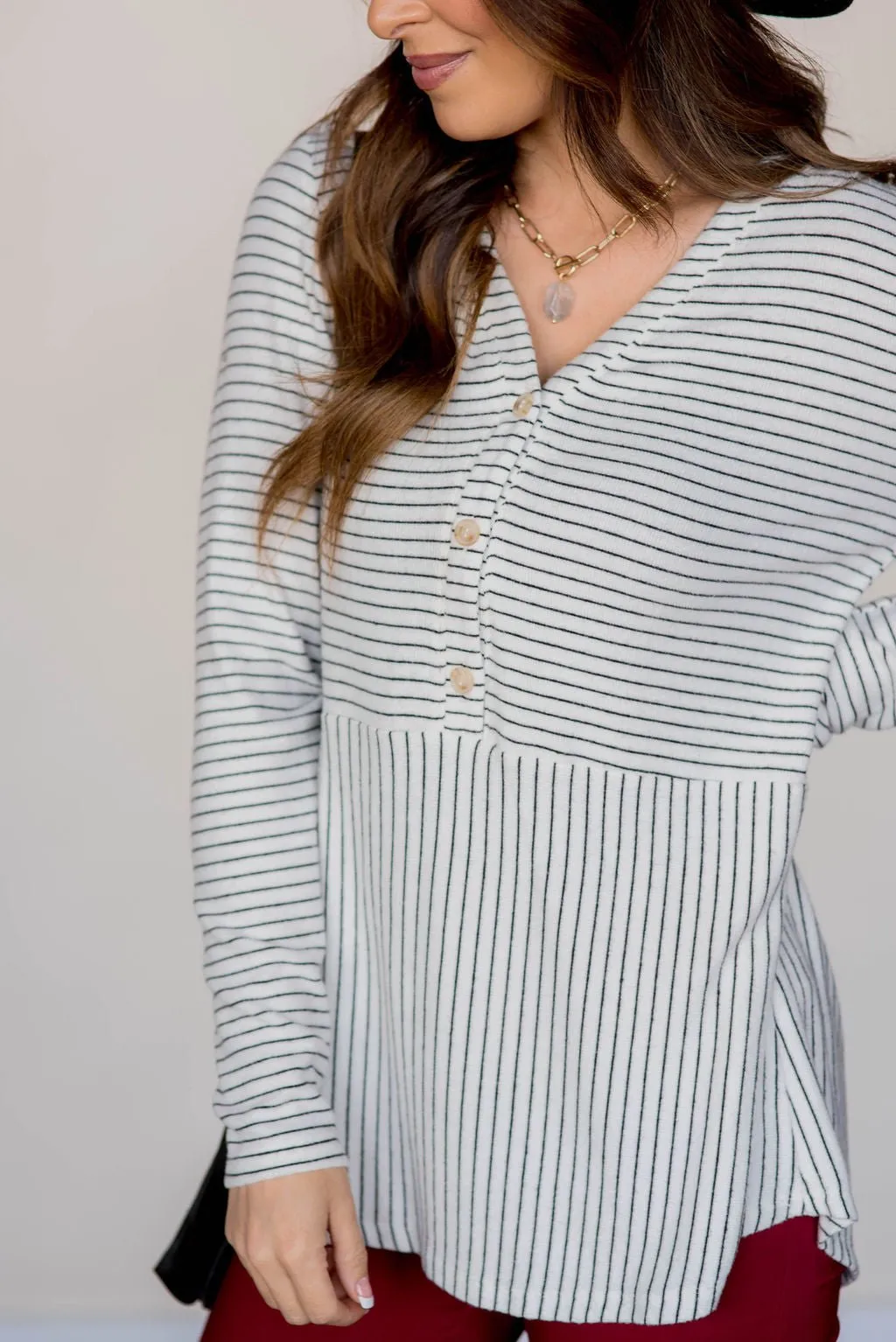 Triple Button Striped Peplum Tee