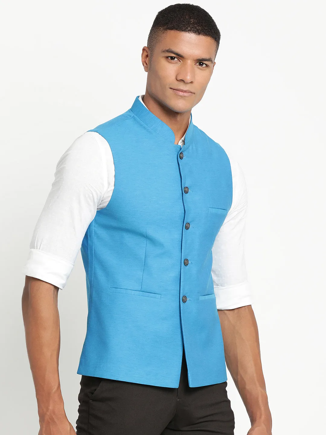 Turtle Men Blue Solid Nehru Jacket