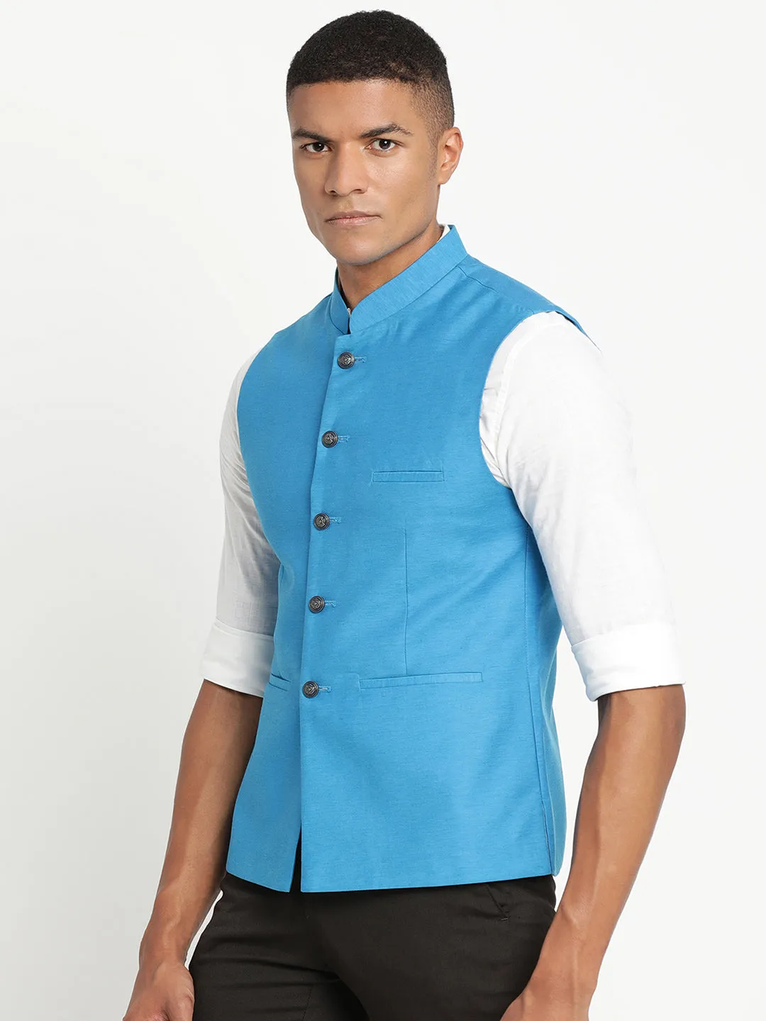 Turtle Men Blue Solid Nehru Jacket