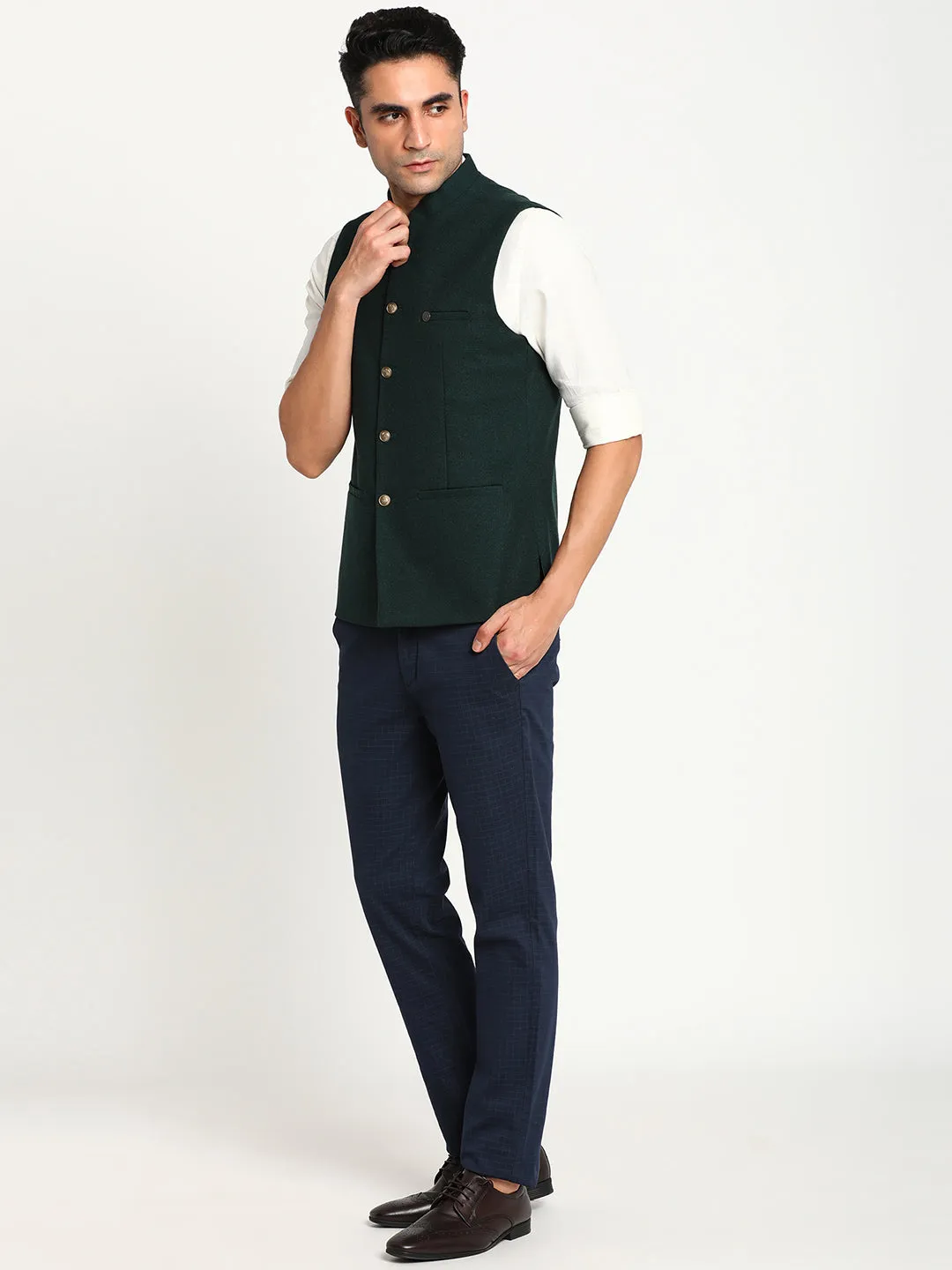 Turtle Men Dark Green Solid Nehru Jacket