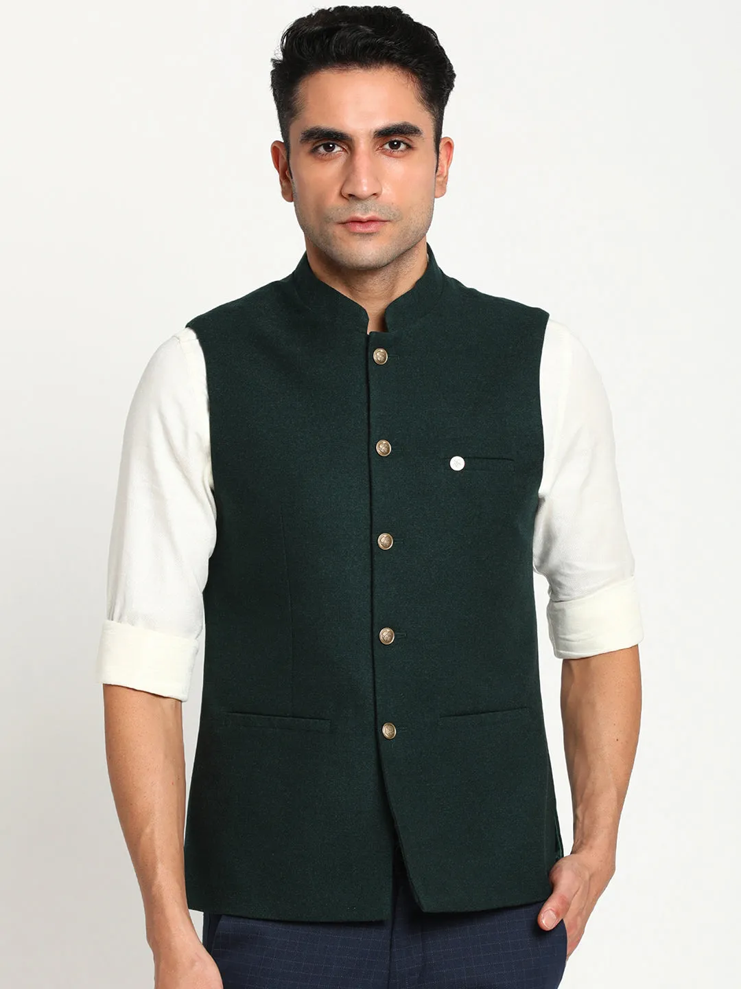 Turtle Men Dark Green Solid Nehru Jacket