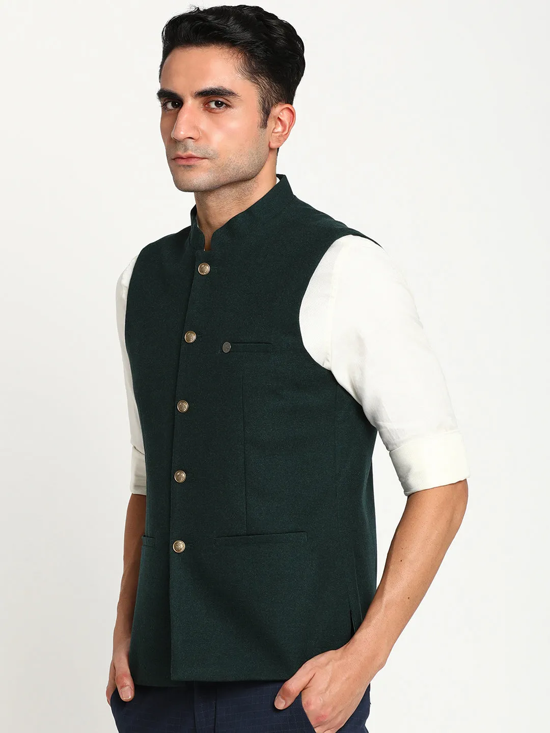 Turtle Men Dark Green Solid Nehru Jacket