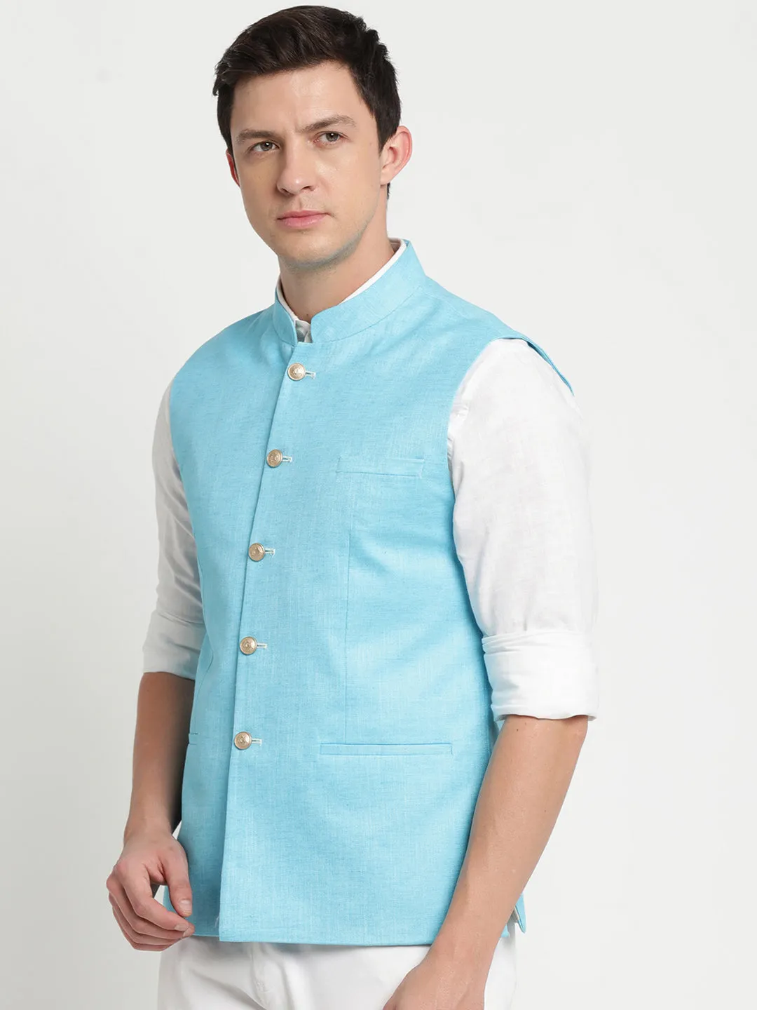 Turtle Men Light Blue Solid Nehru Jacket