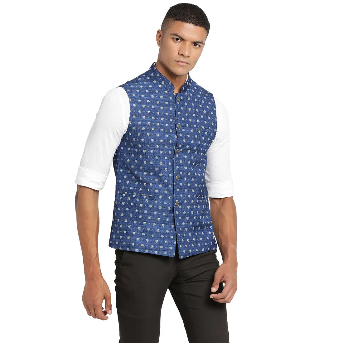 Turtle Men Navy Blue Self Design Nehru Jacket