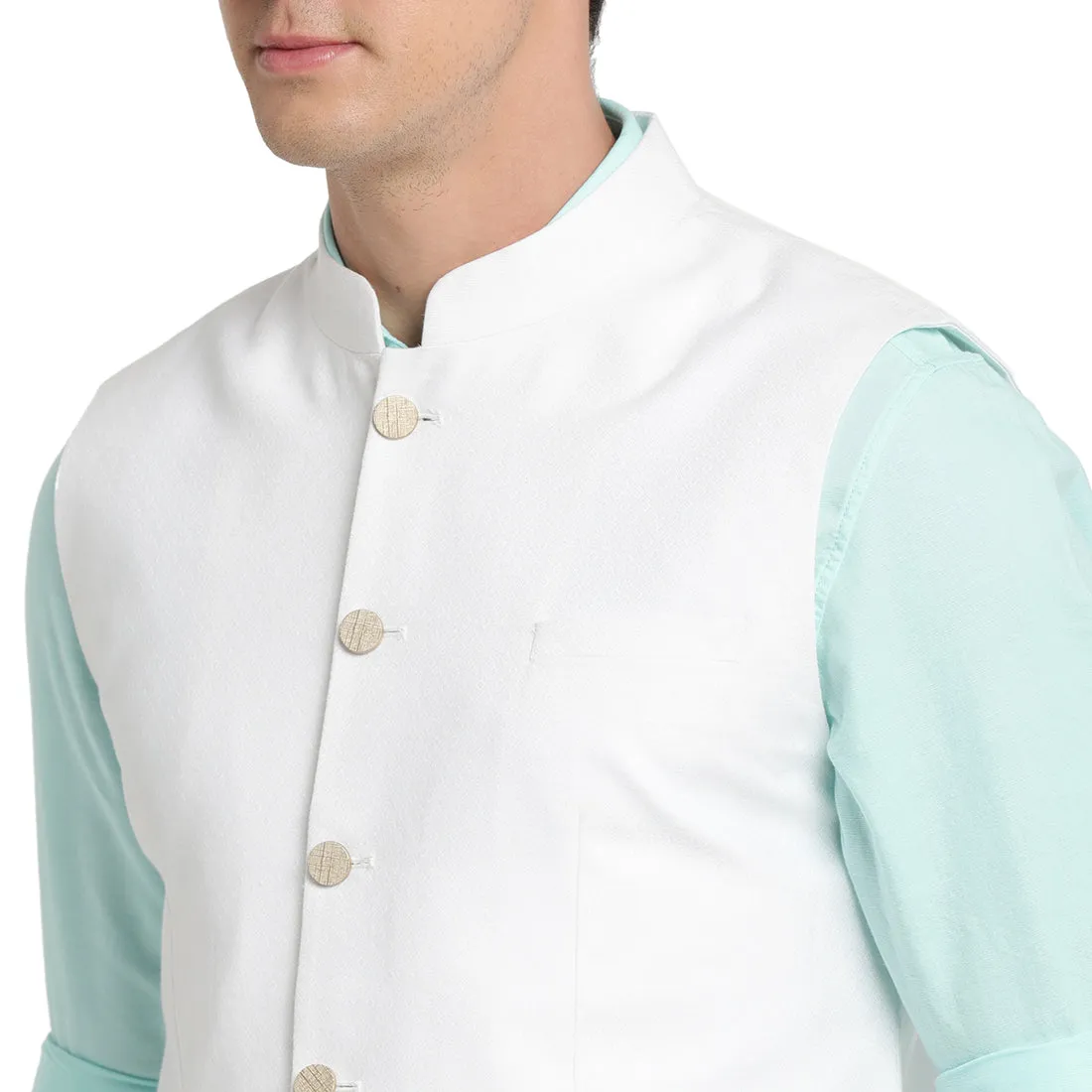 Turtle Men White Self Design Nehru Jacket